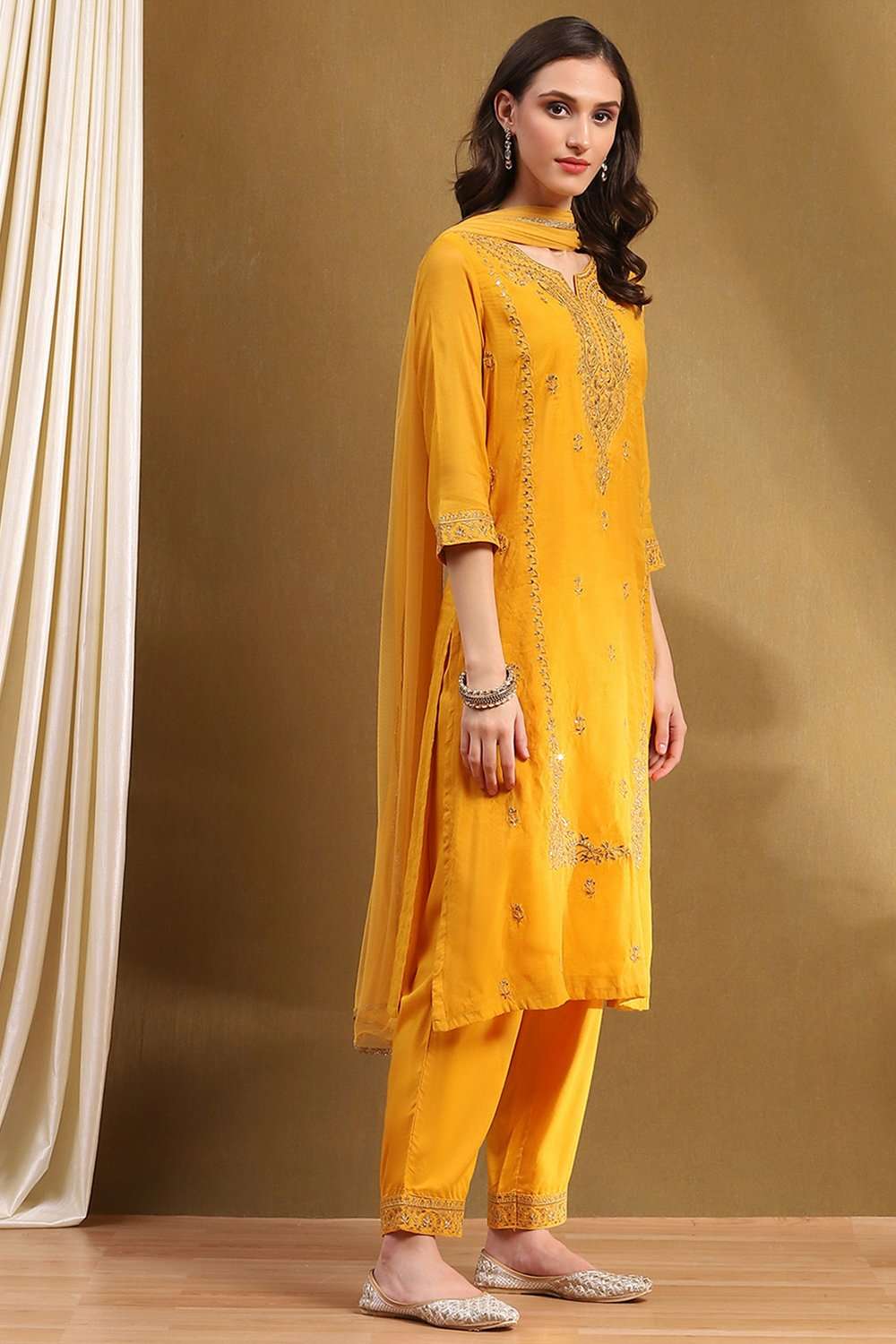 Yellow Embroidered Festive Straight Suit Set image number 5