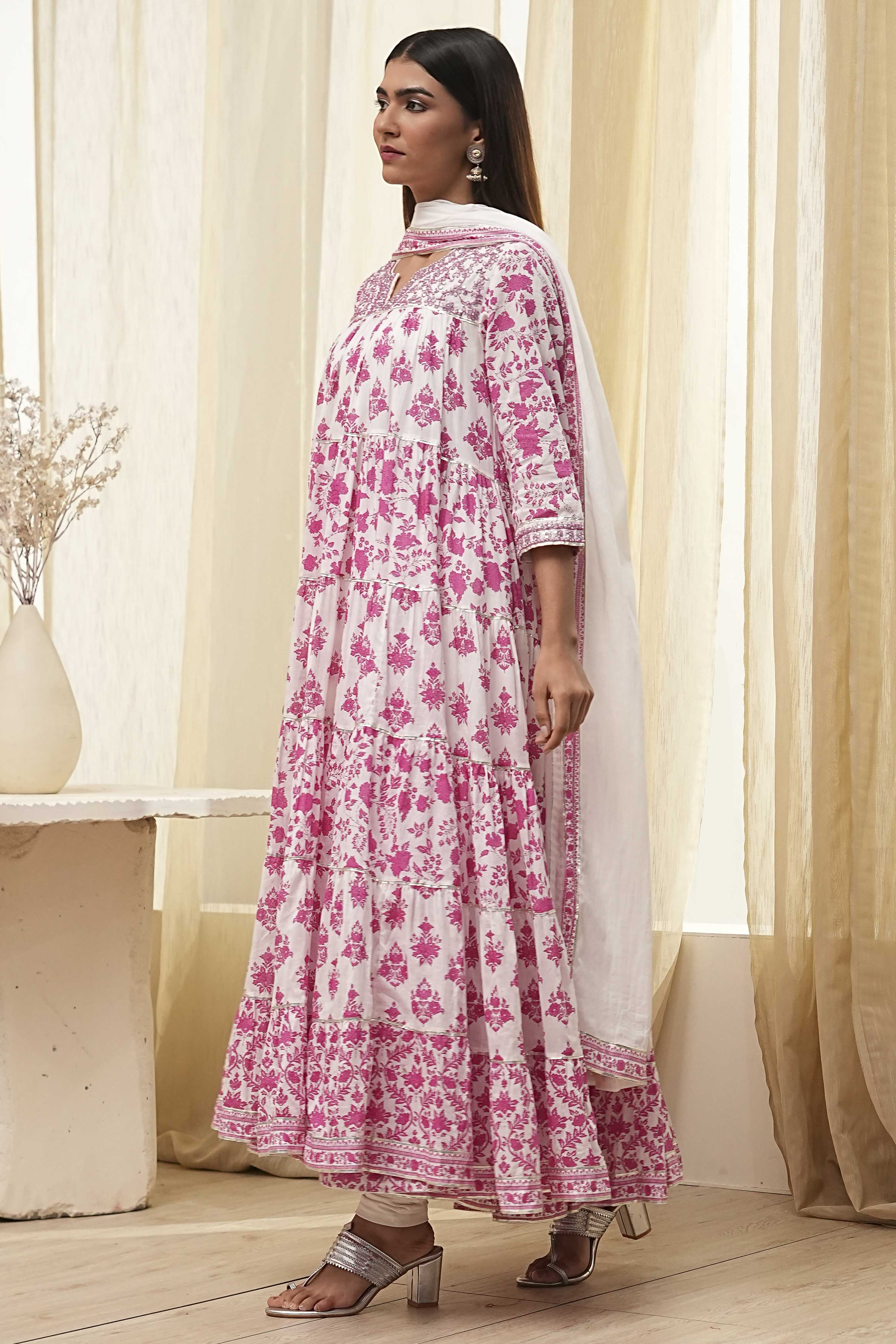 Off-White and Pink Cotton Floral Tiered Suit Set image number 3