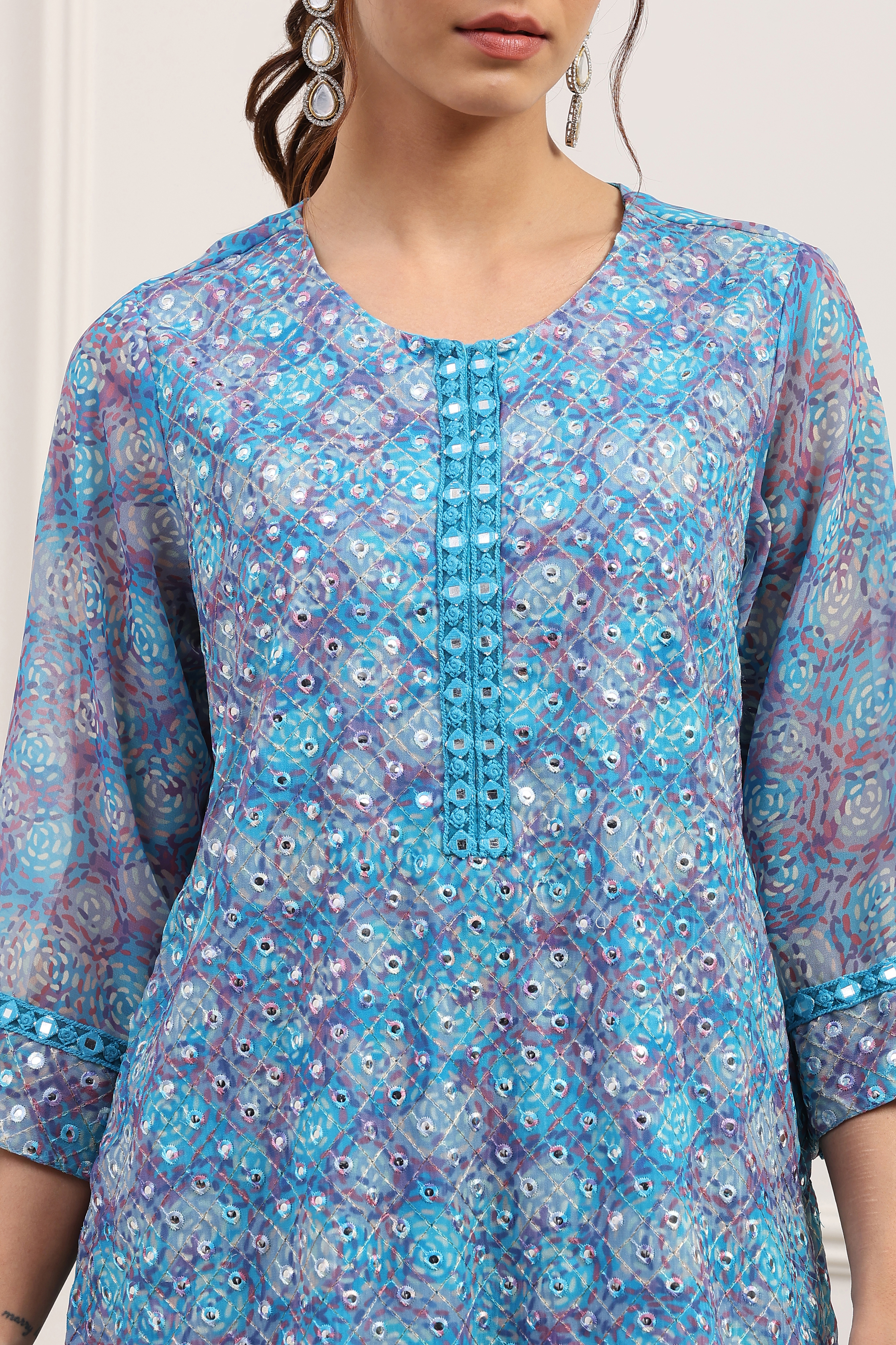 Turquoise Polyester Straight Suit Set image number 1