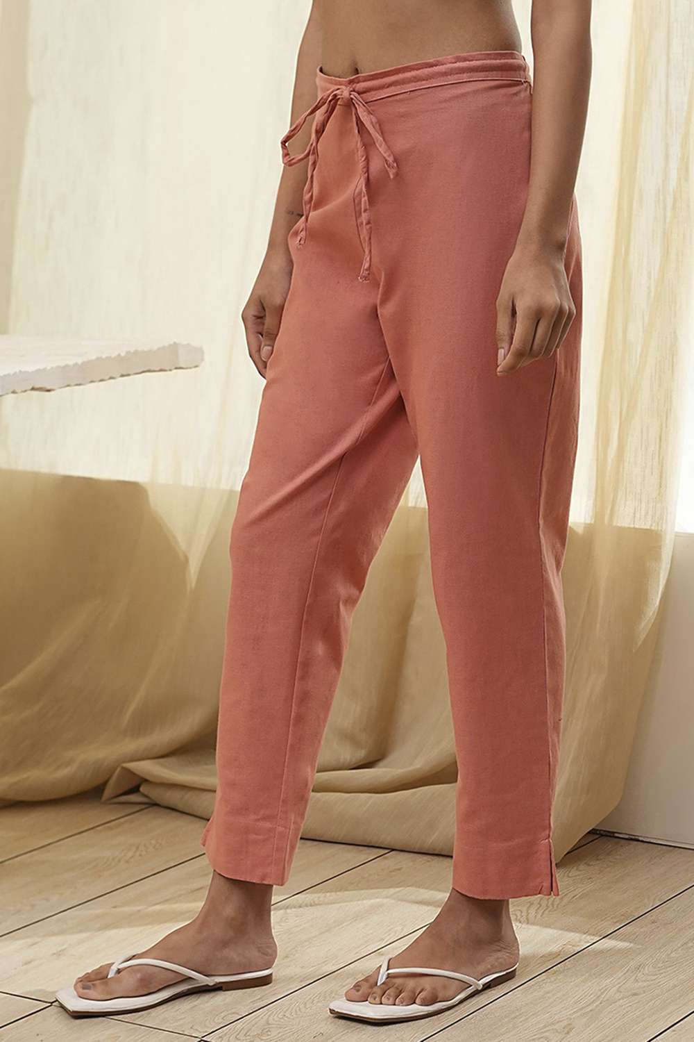 Rust Cotton Solid Regular Pants image number 2