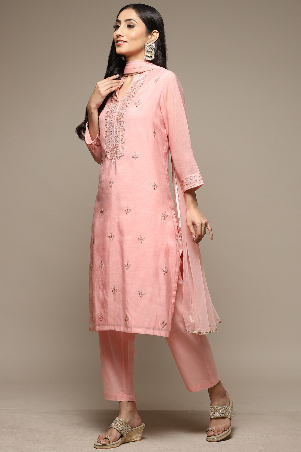 Blush Pink Cotton Blend Straight Kurta Pant Suit Set image number 7