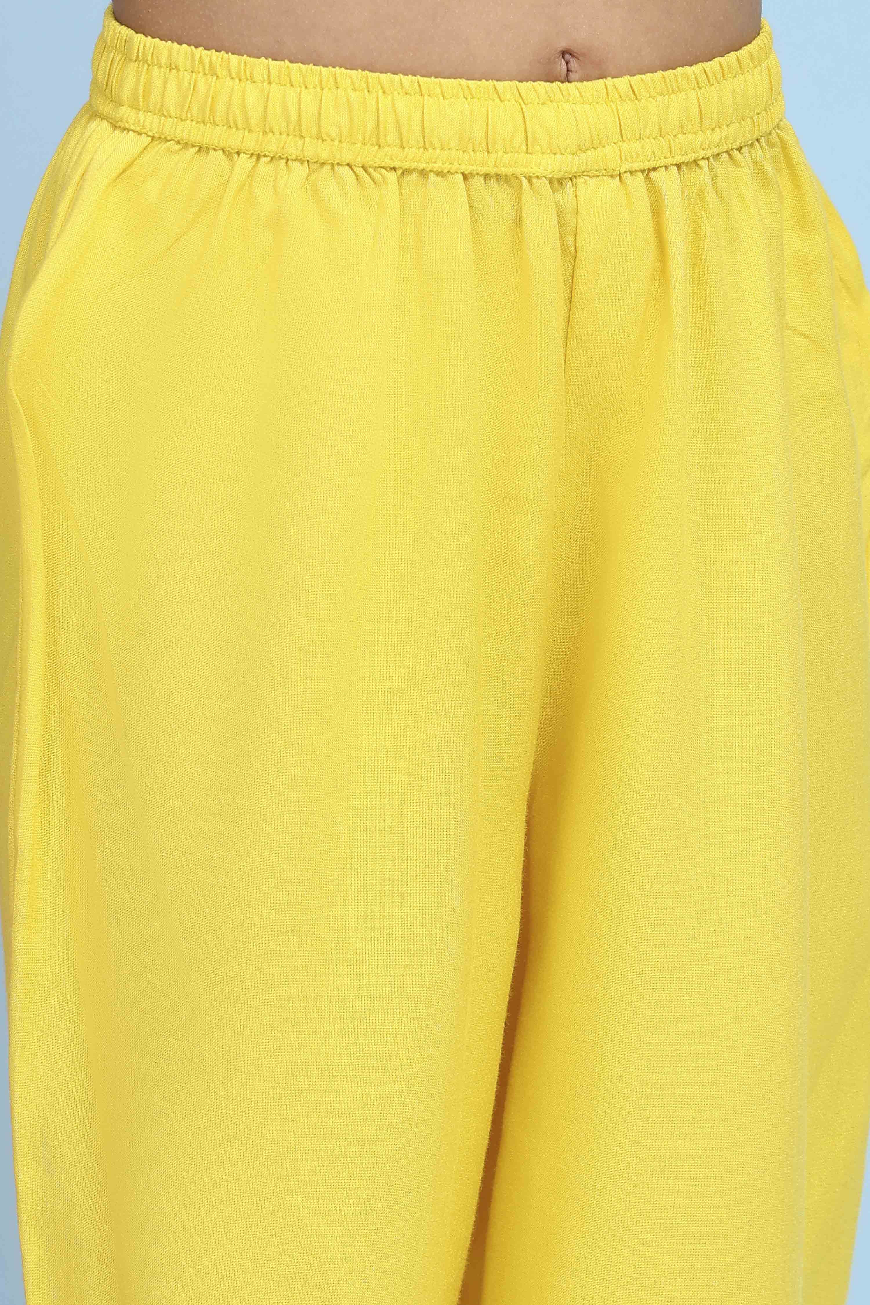 Yellow Cotton Printed A-Line Suit Set image number 2