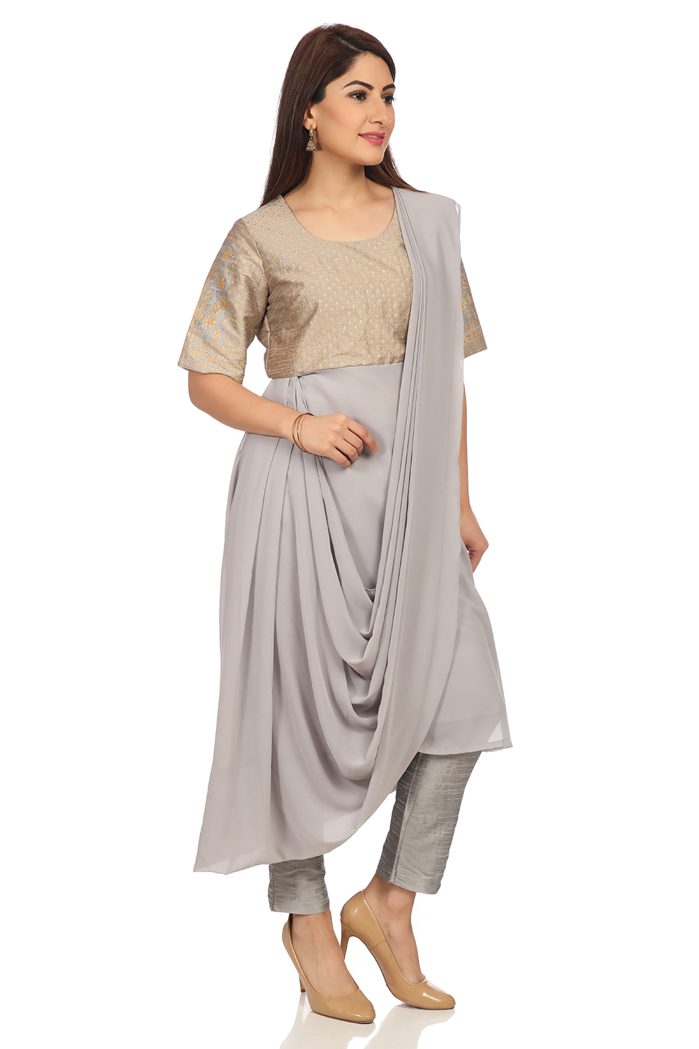 Grey Art Silk Anarkali Kurta Slim Pant Suit Set image number 5