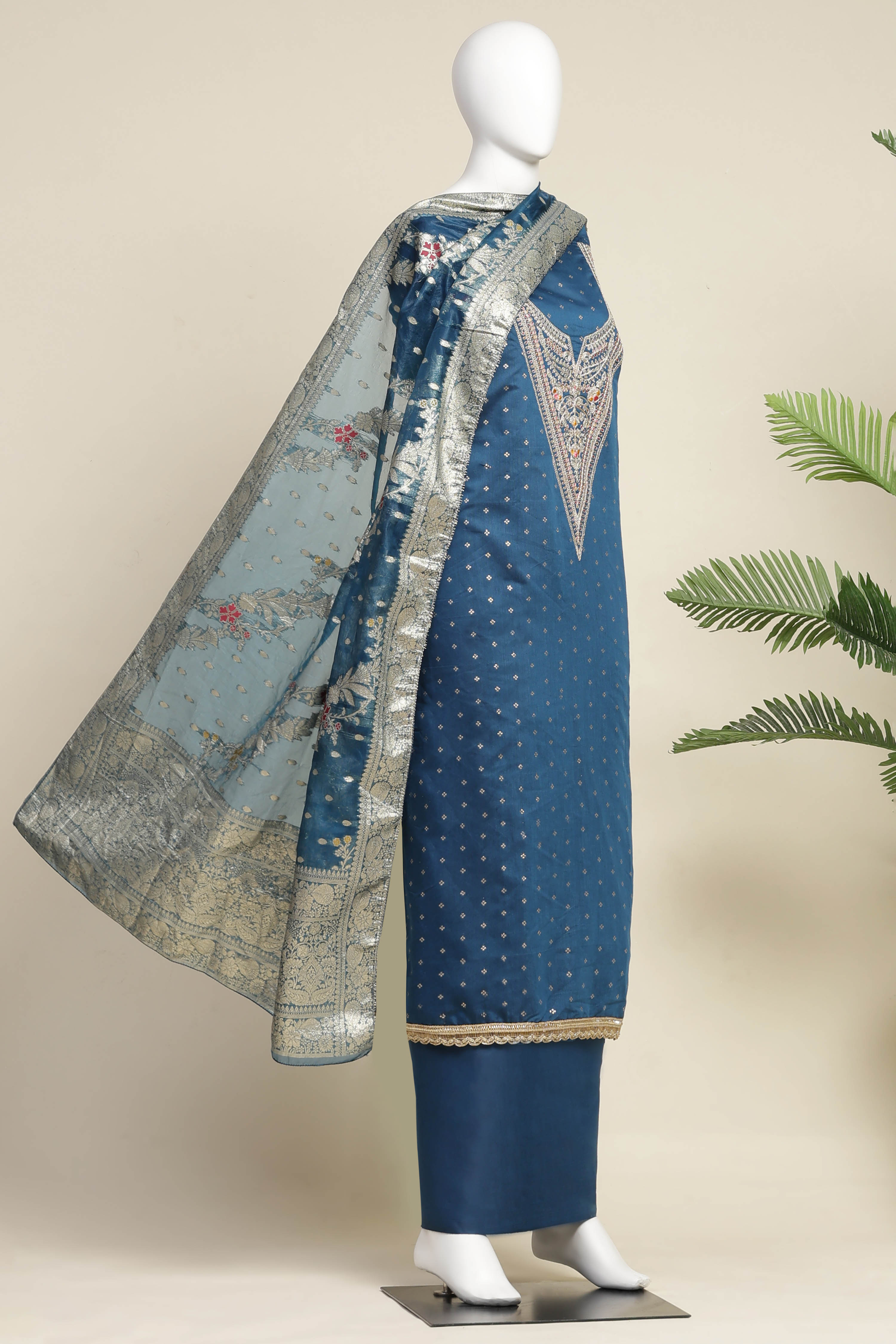 Botle Green Tissue Chanderi Embroidered Unstitched Suit Set image number 4