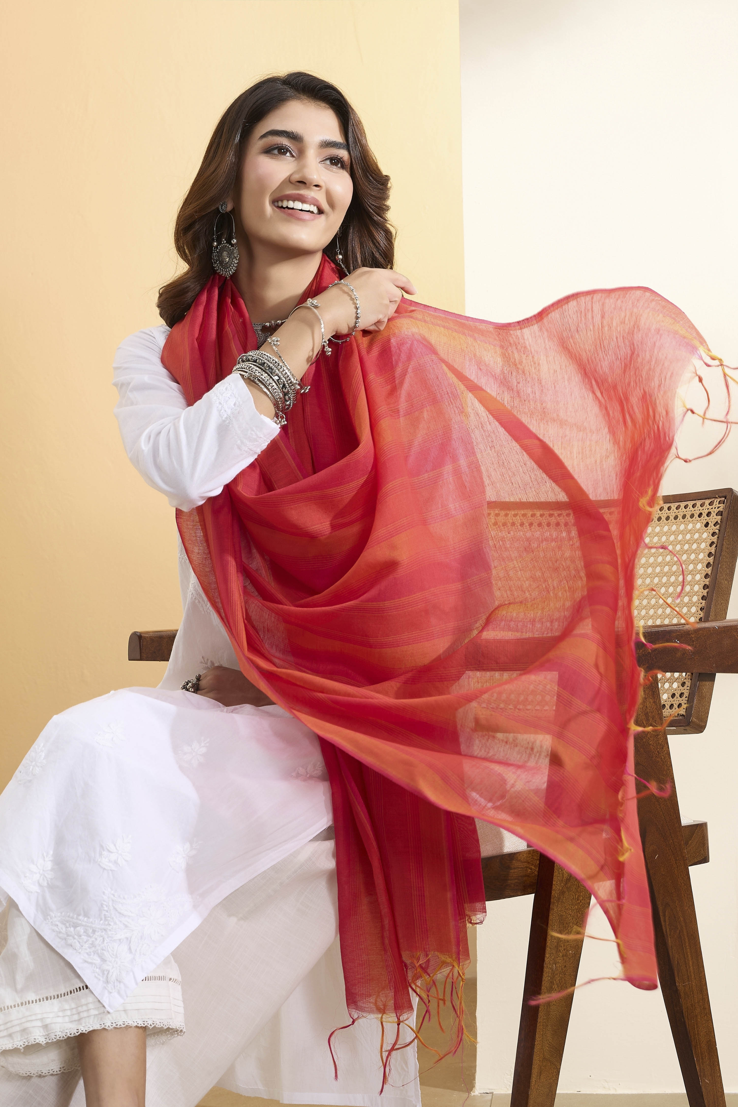 Pink Orange Poly Loom Printed Dupatta image number 0
