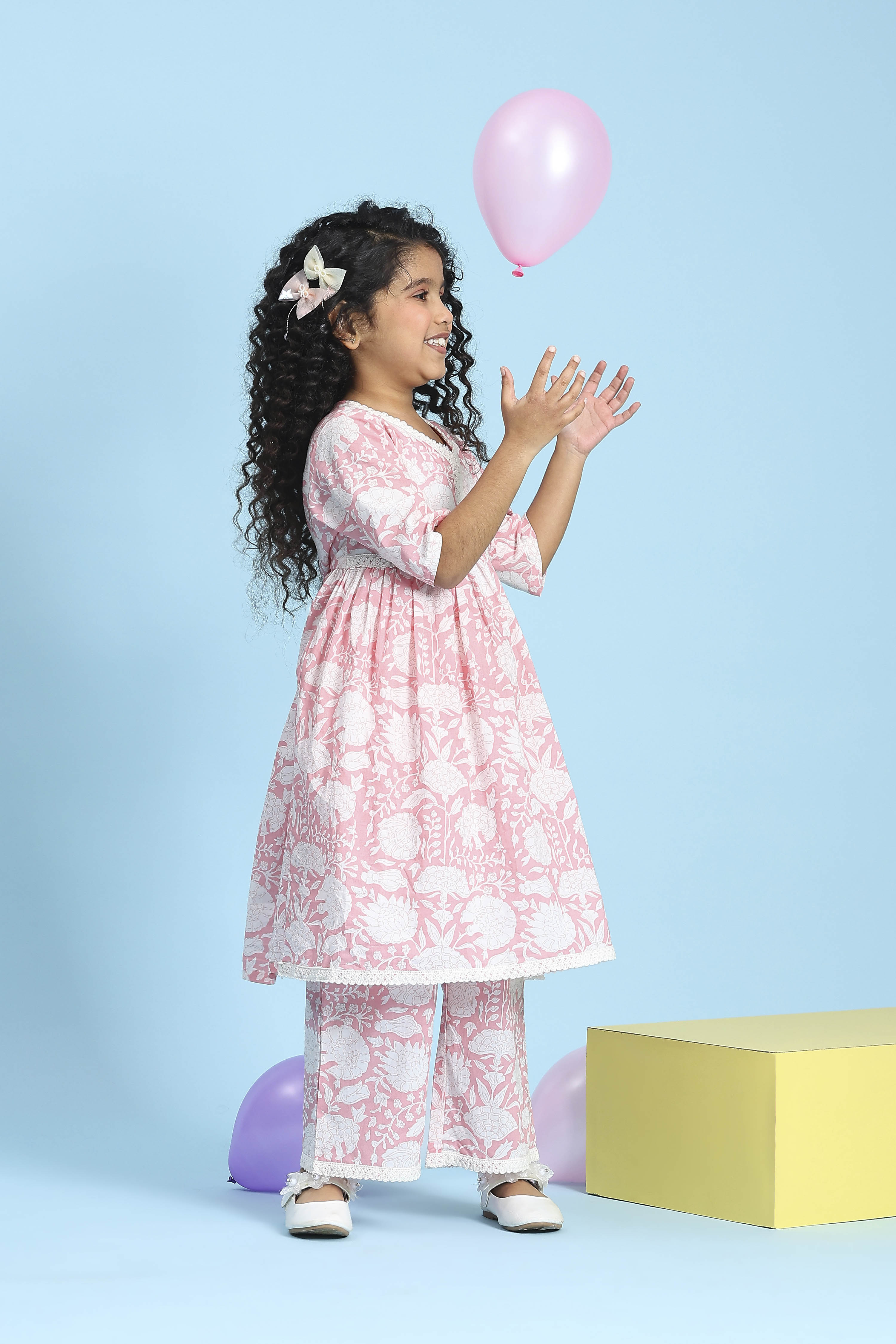 Pink Cotton Printed Gathered Suit Set image number 6