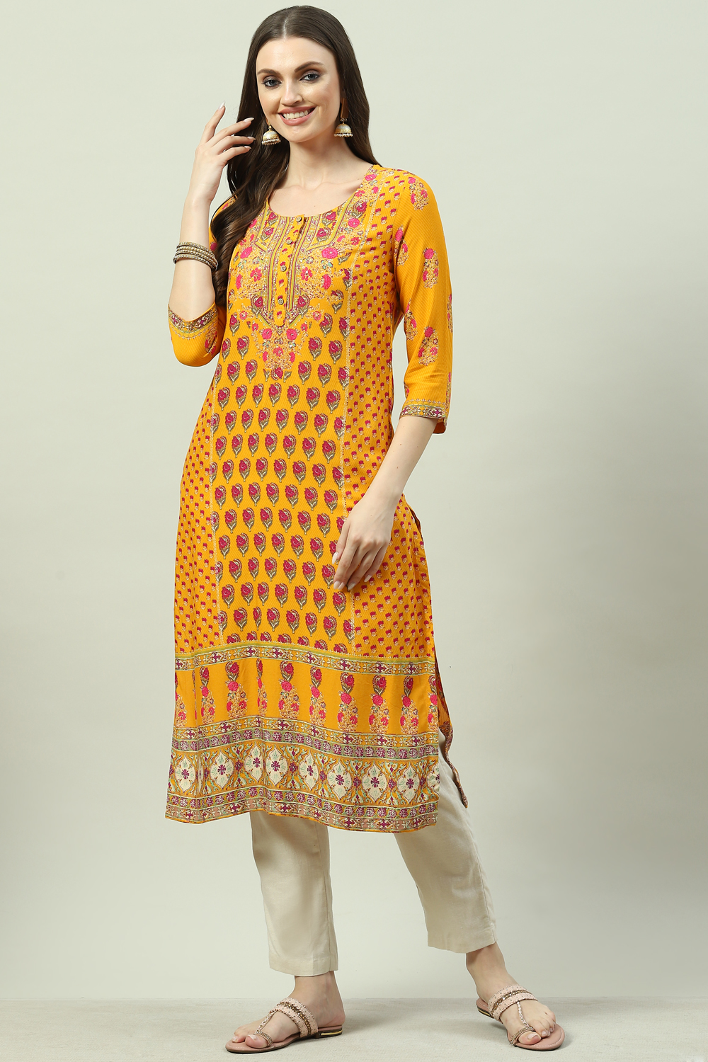 Red LIVA Straight Printed Kurta image number 2