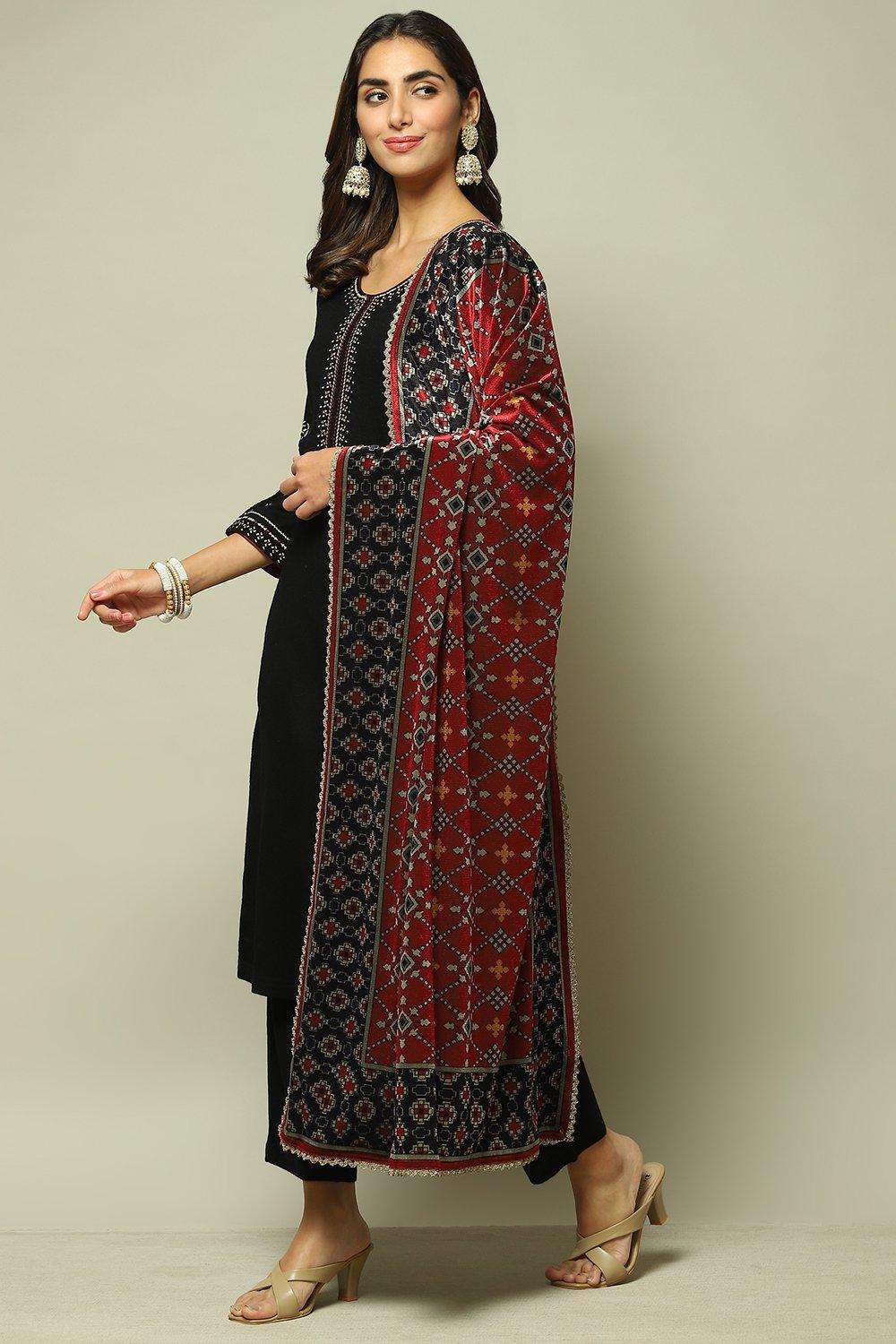 Black Cotton Straight Kurta Pants Suit Set