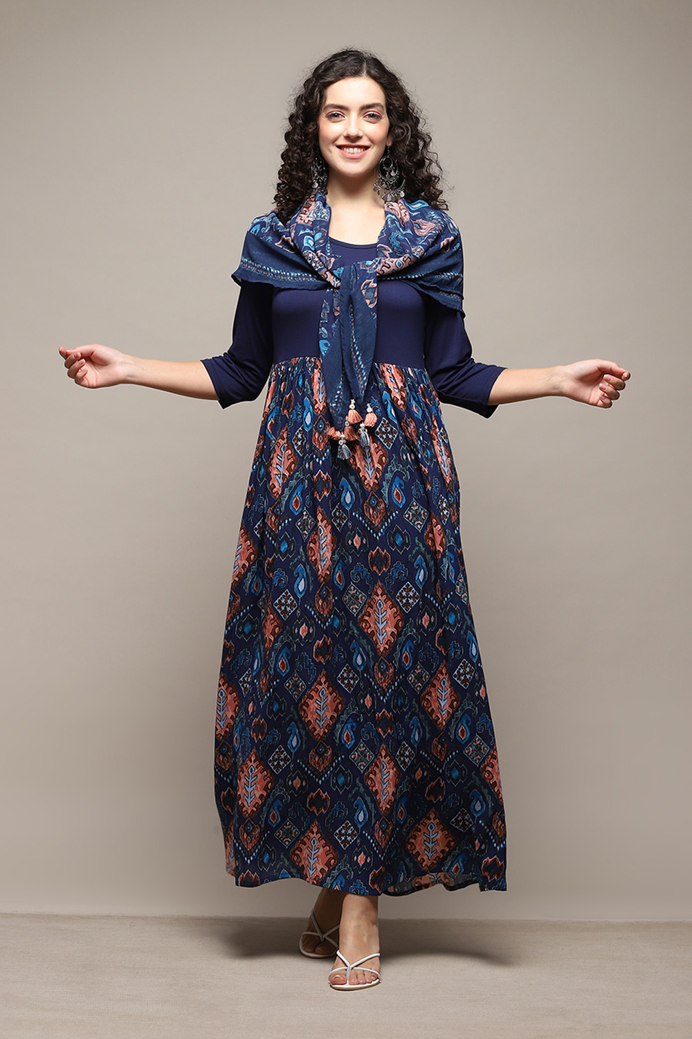 Navy LIVA Flared Solid Dress image number 6