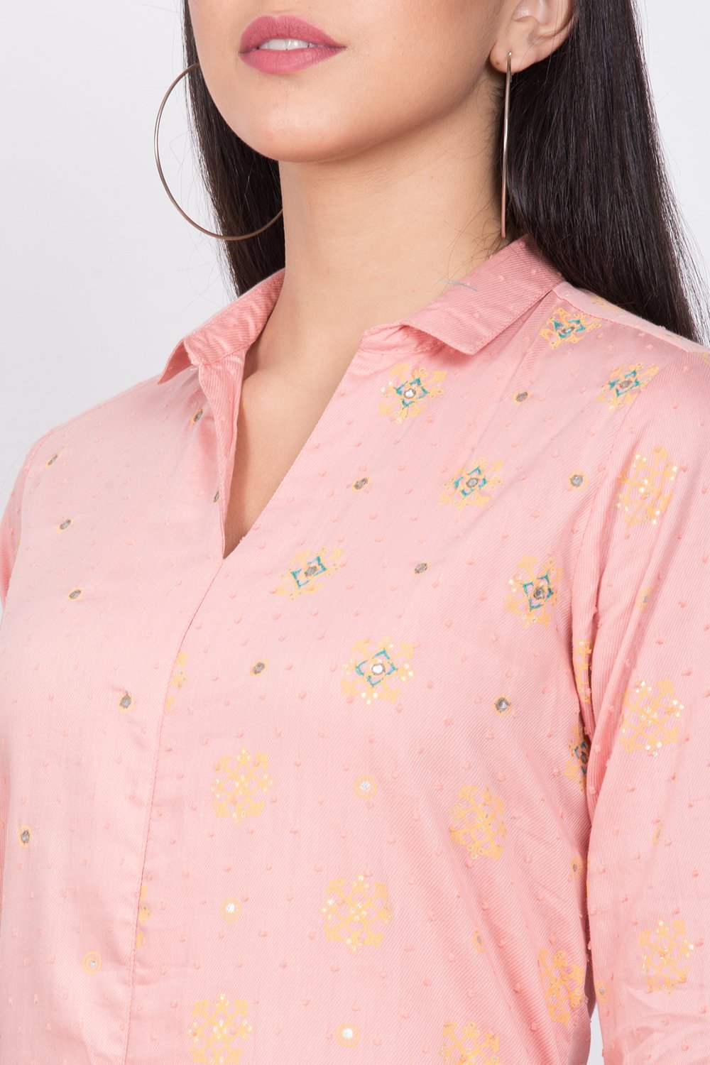 Peach Cotton Front Open Printed Kurta image number 1