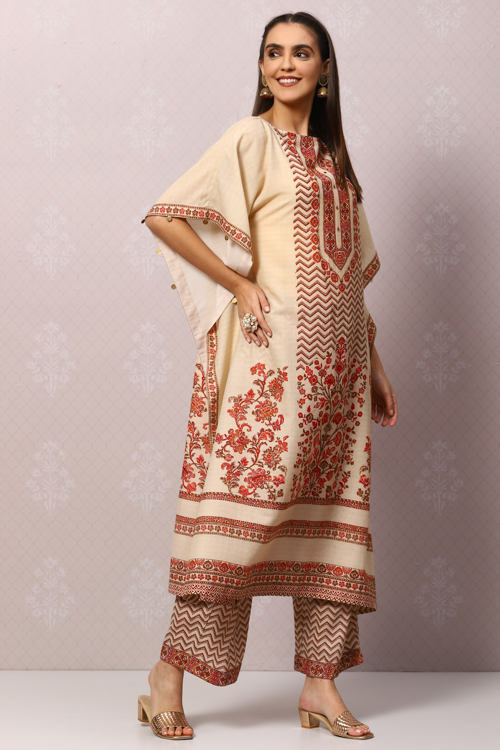 Black Art Silk Kaftan Kurta Palazzo Suit Set image number 5