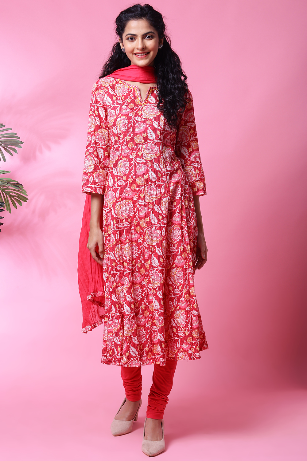 Blue Cotton Crushed Kalidar Kurta Churidar Suit Set image number 6