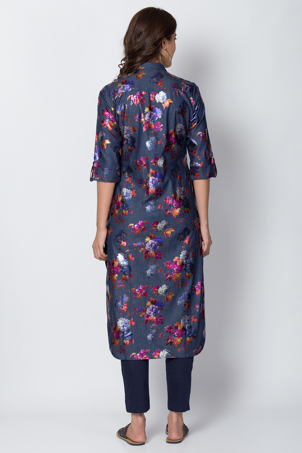 Denim Blue Cotton Straight Printed Kurta image number 4