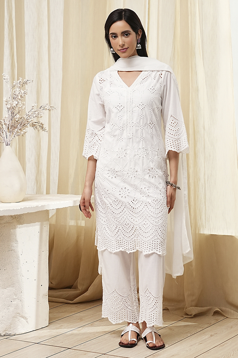 Pink Cotton Schiffli Straight Suit Set image number 6
