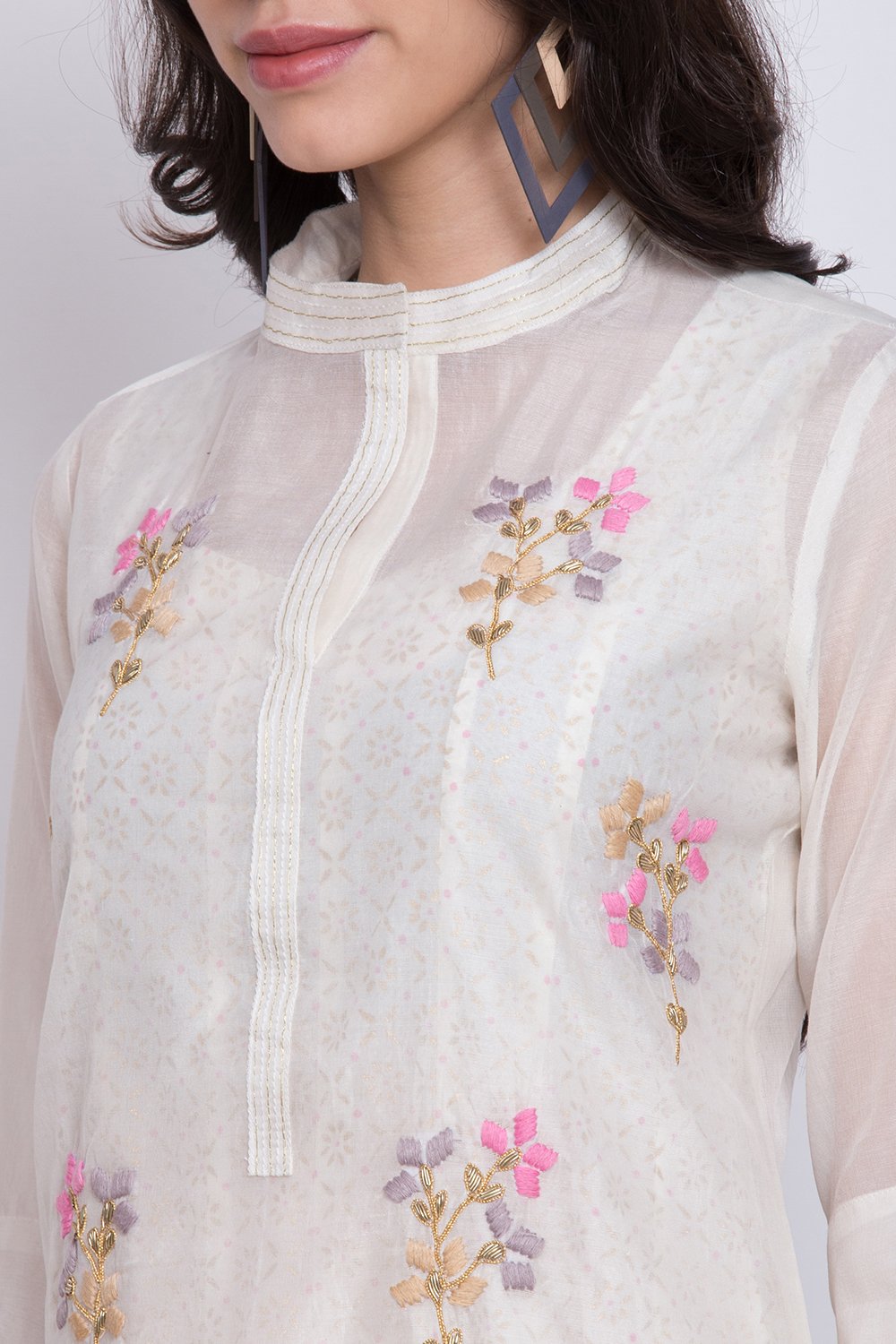 Off White Poly Cotton Flared Kurta Churidar Suit Set image number 1