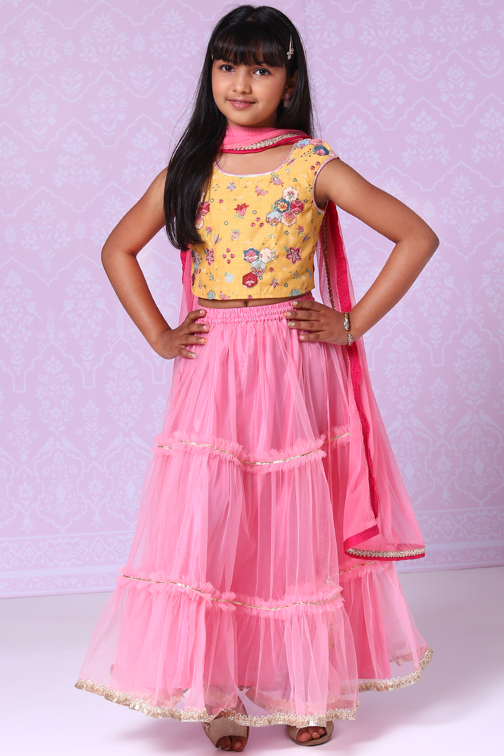 Yellow And Pink Art Silk Straight Kurta Lehenga Suit Set image number 0