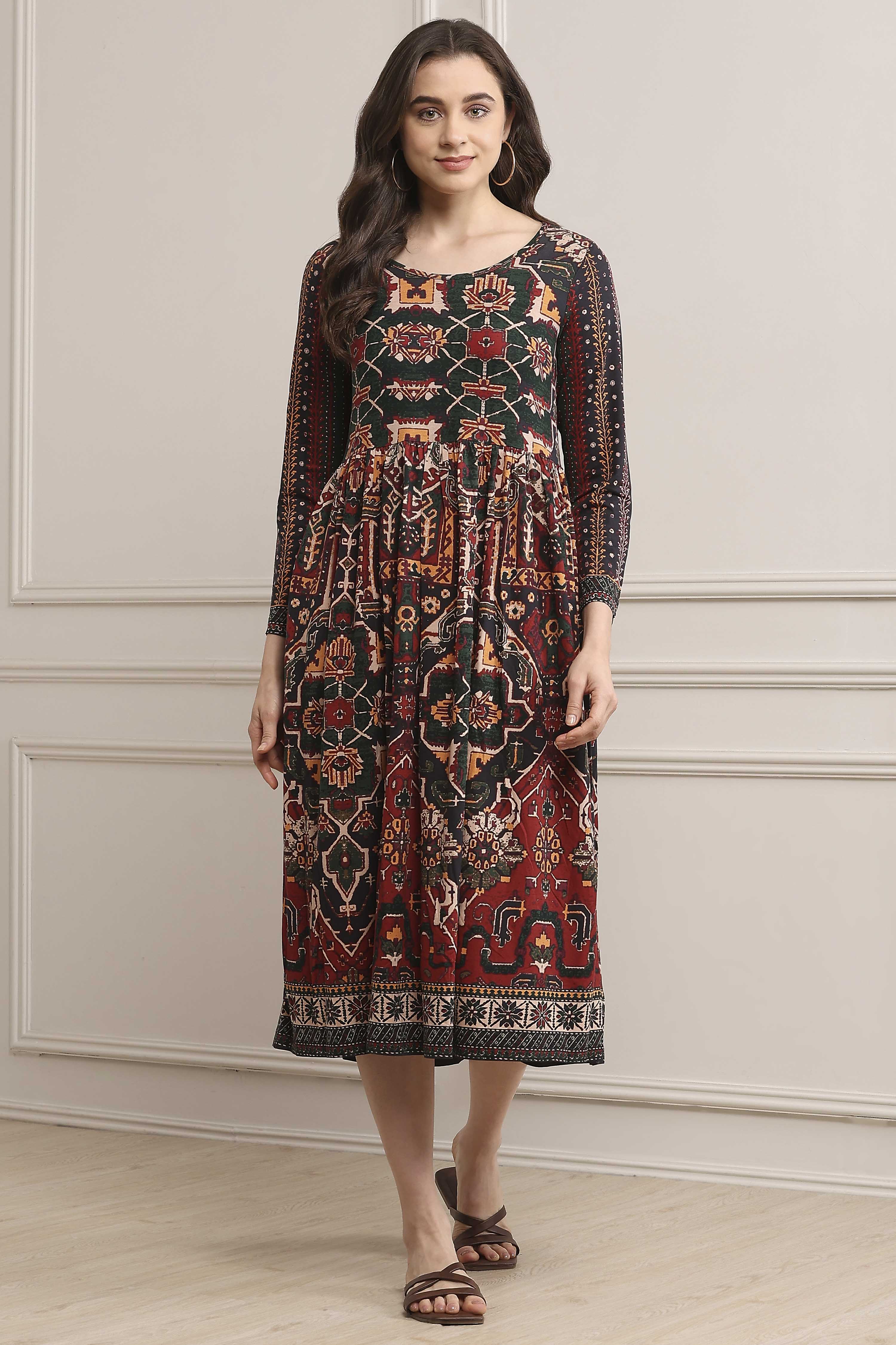 Rust Cotton Blend Flared Printed Dress image number 5