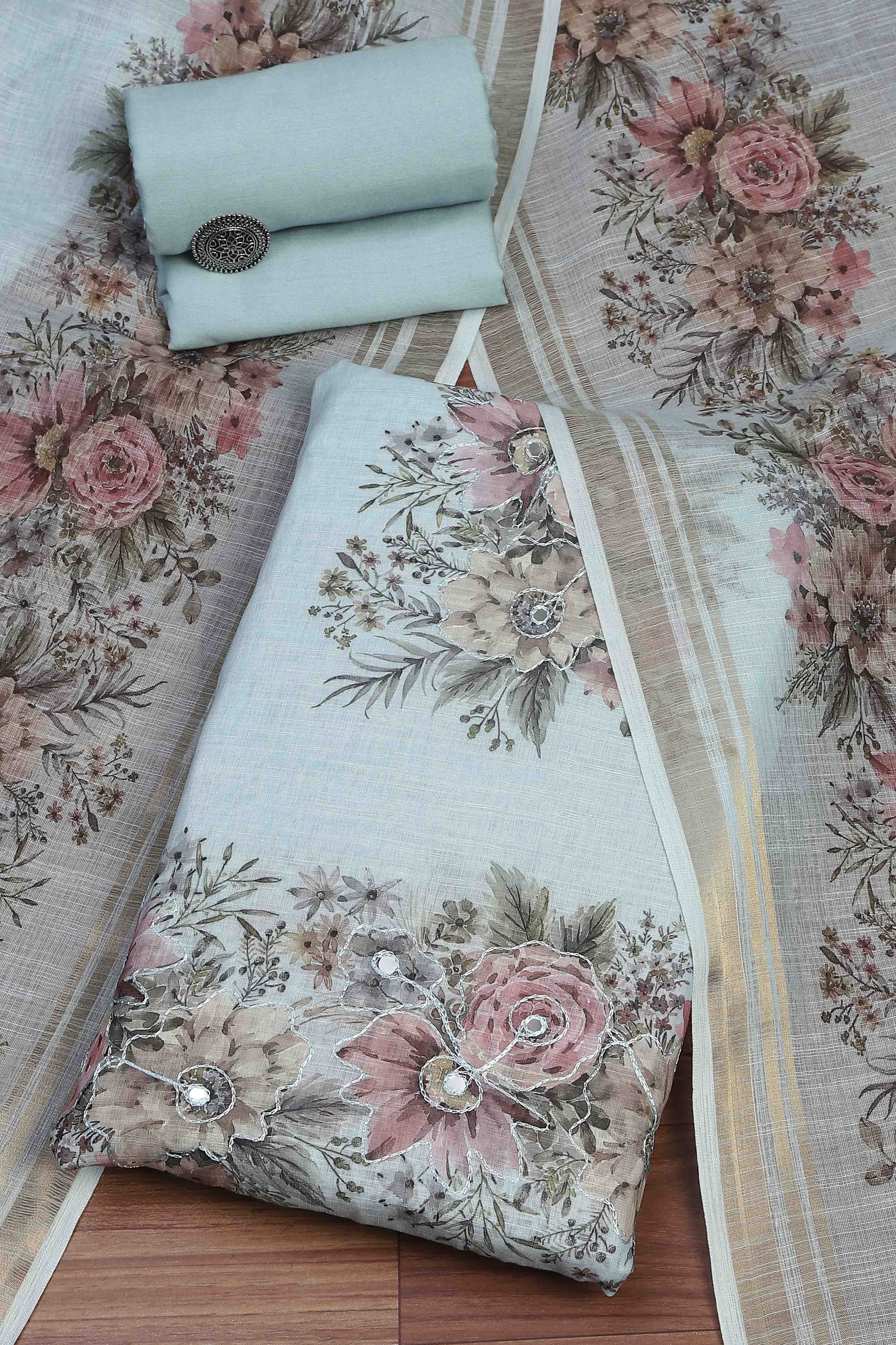Sky Blue Linen Unstitched Suit Set image number 0