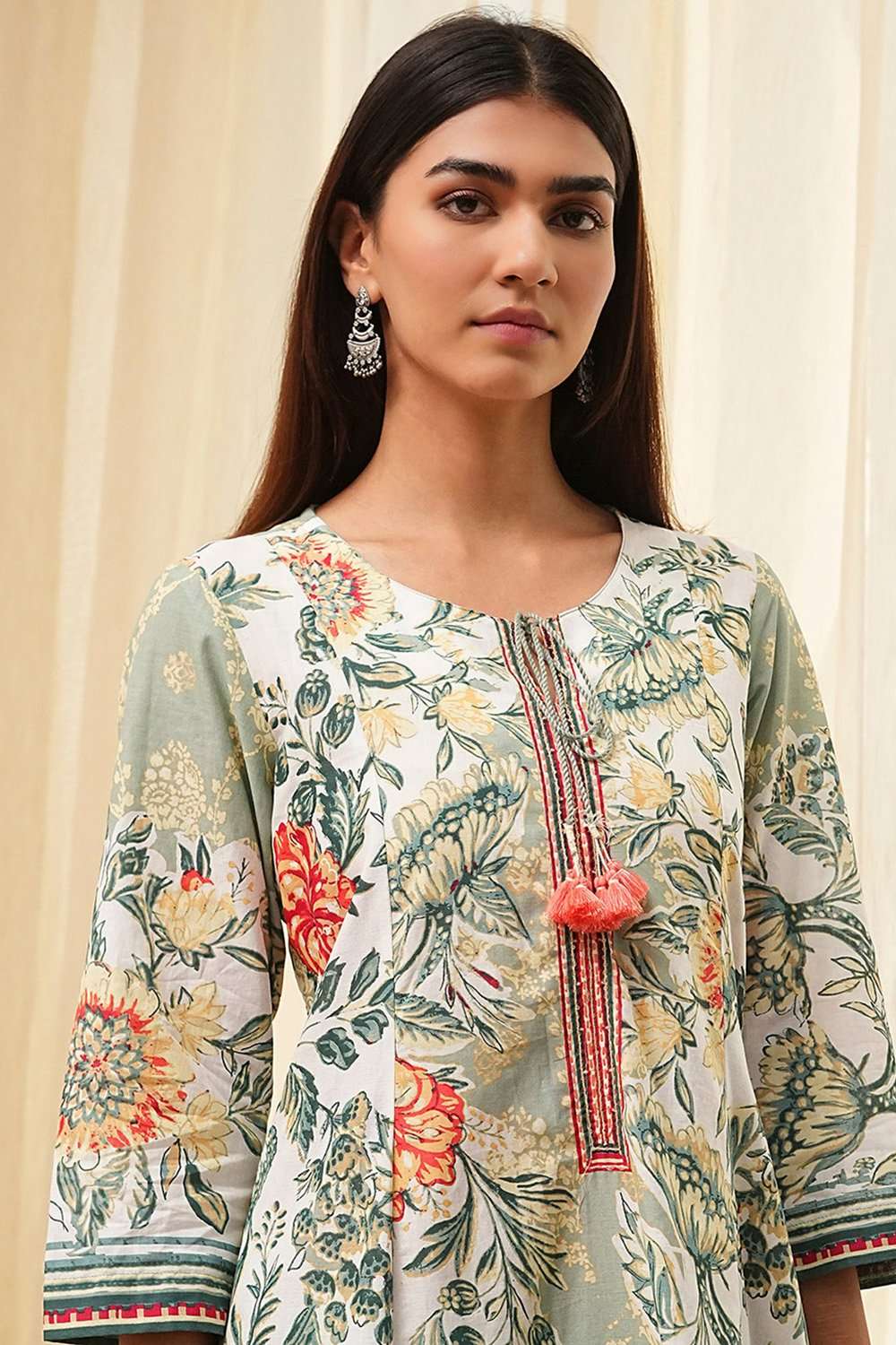 Sage Green Pure Cotton Floral Kalidar Suit Set image number 1