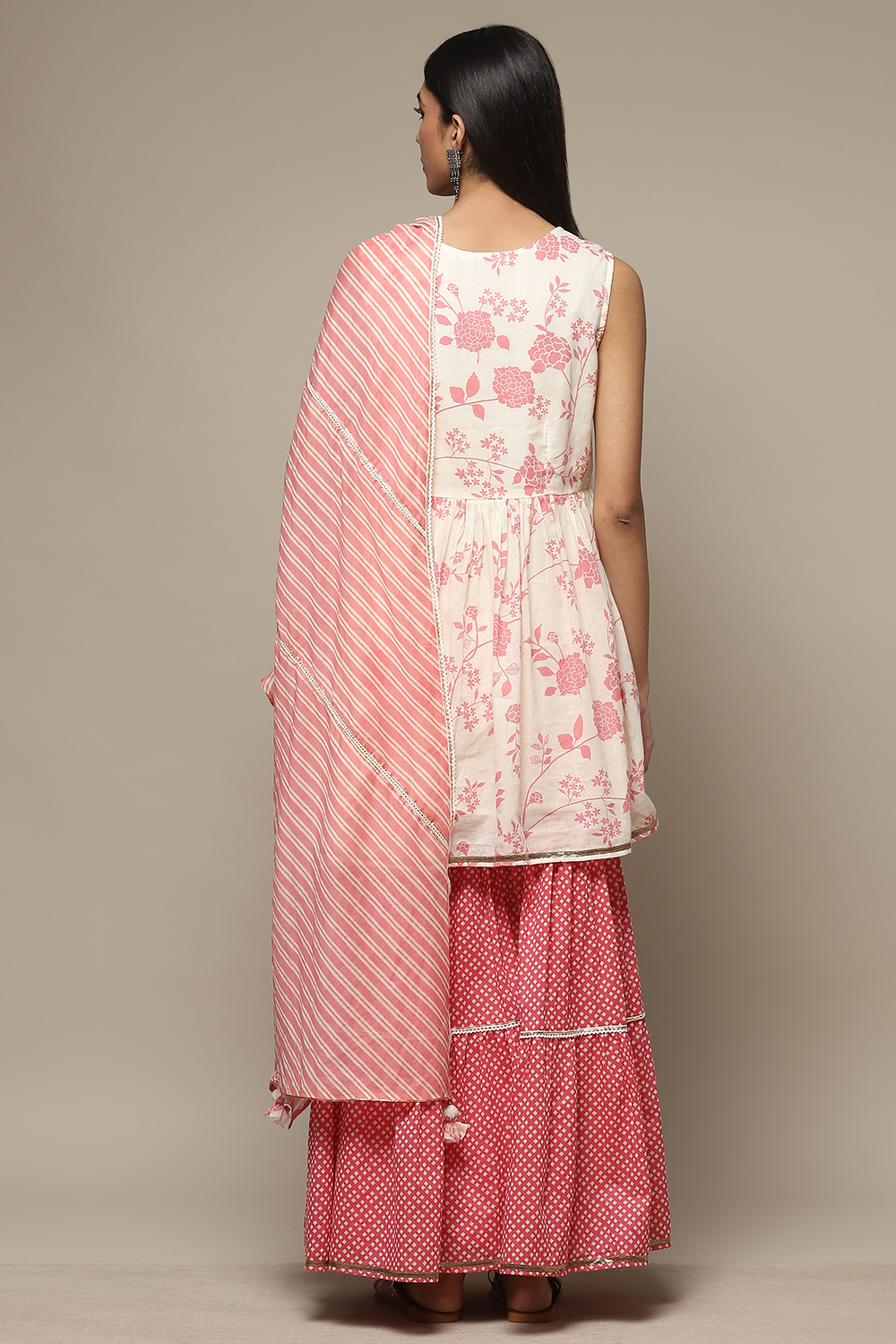 Off White & Peach Cotton Straight Kurta Garara Suit Set image number 2