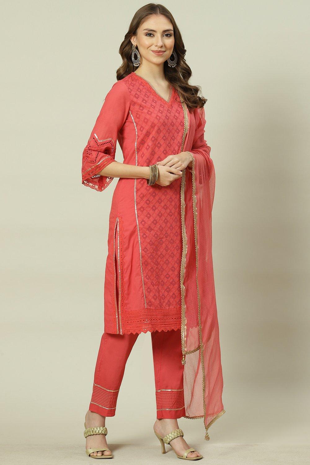 Soft Red Straight Kurta Relaxed Pant Suit Set image number 0