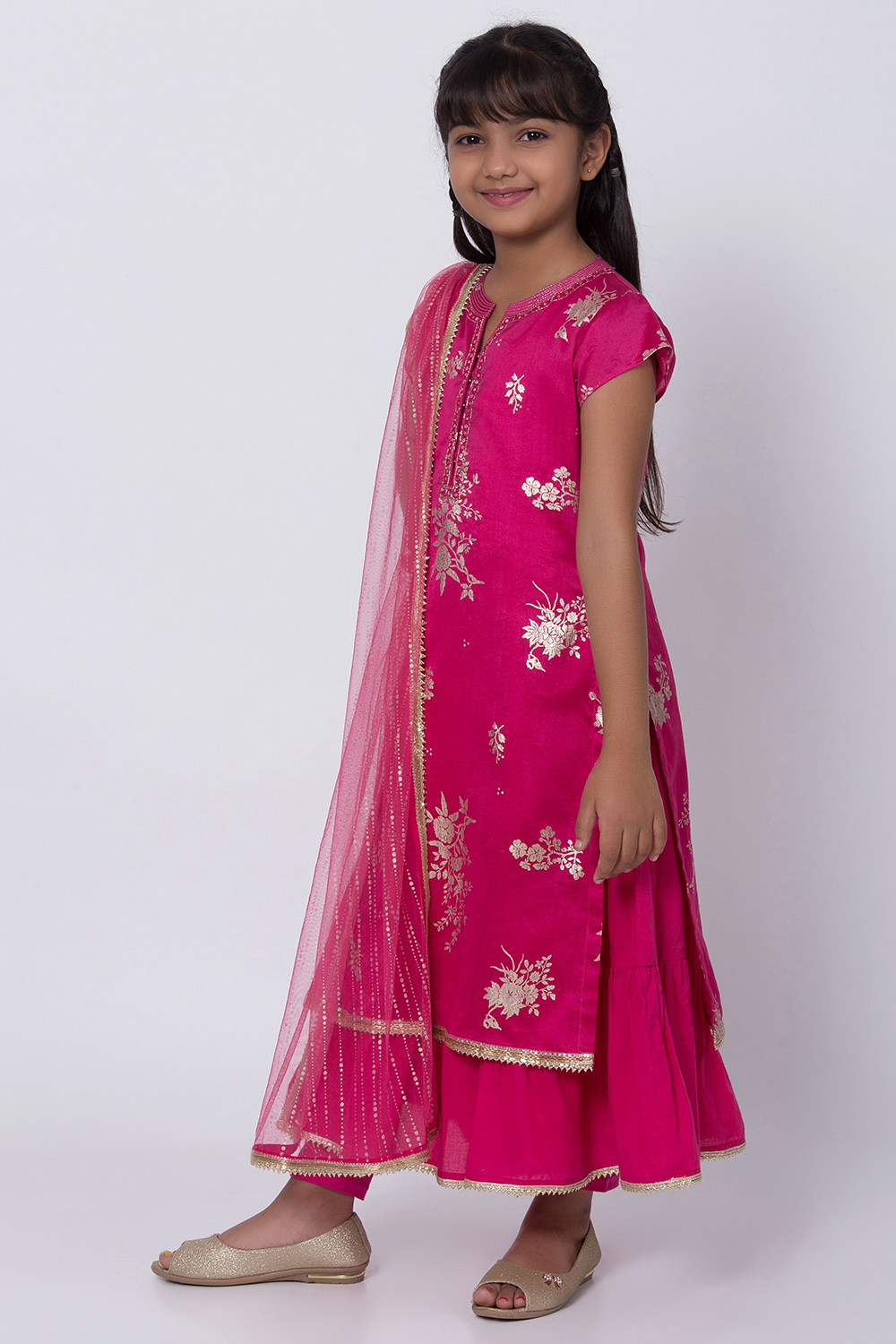 Pink Poly Cotton Double Layered Kurta Churidar Suit Set image number 3