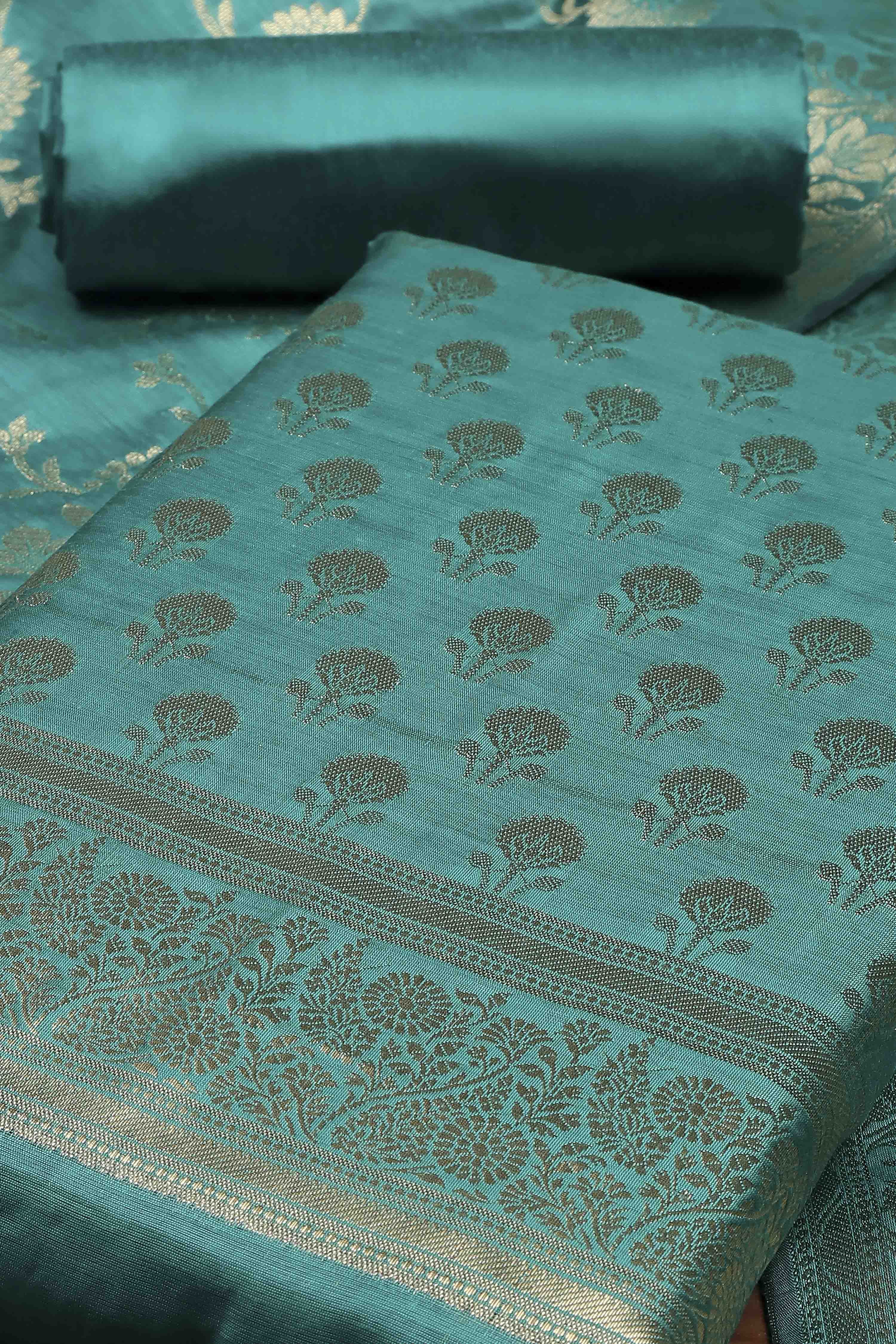 Teal Banarasi Chanderi Banarasi Print Unstitched Suit Set image number 1