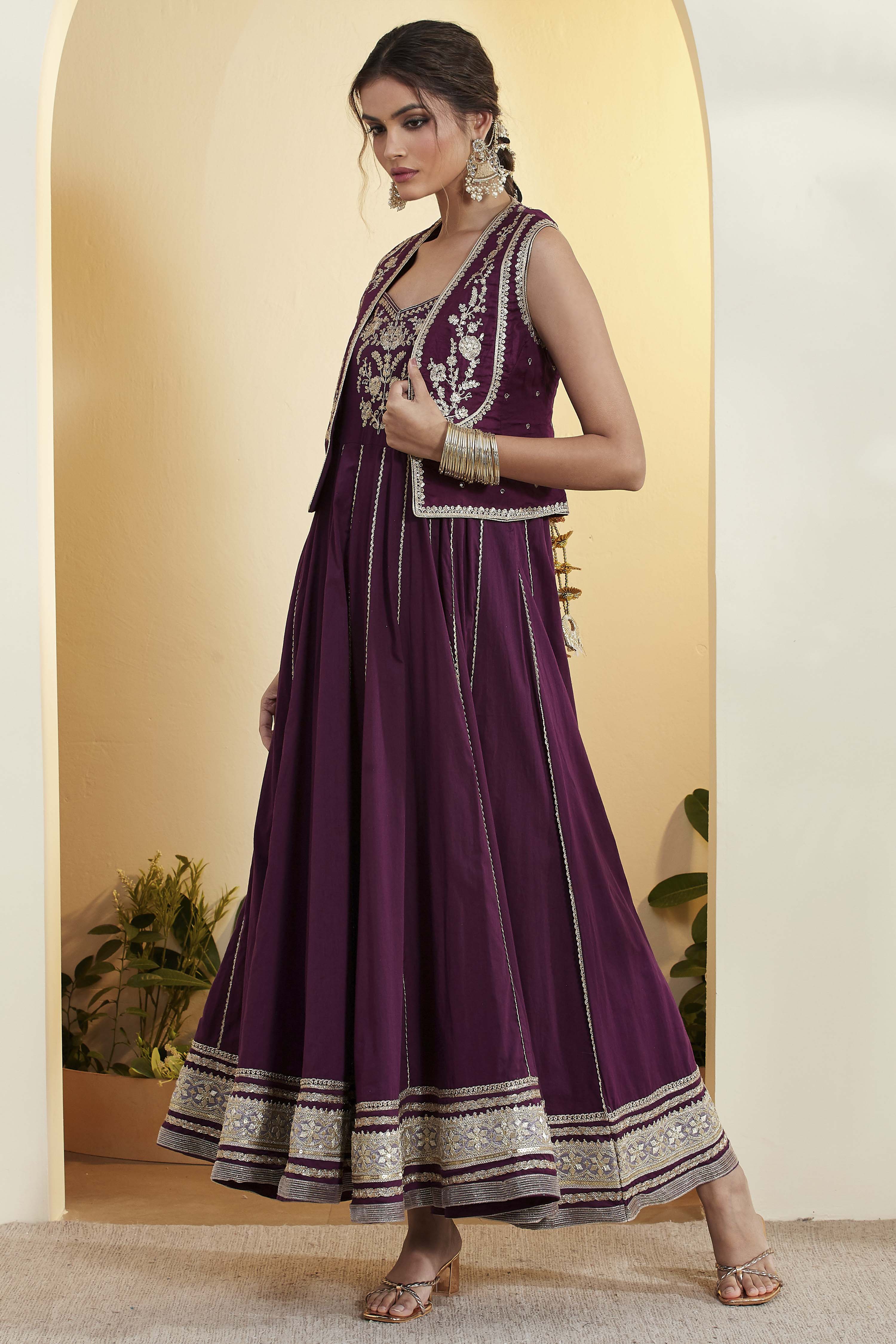Purple Cotton Silk Kalidar Dress image number 3