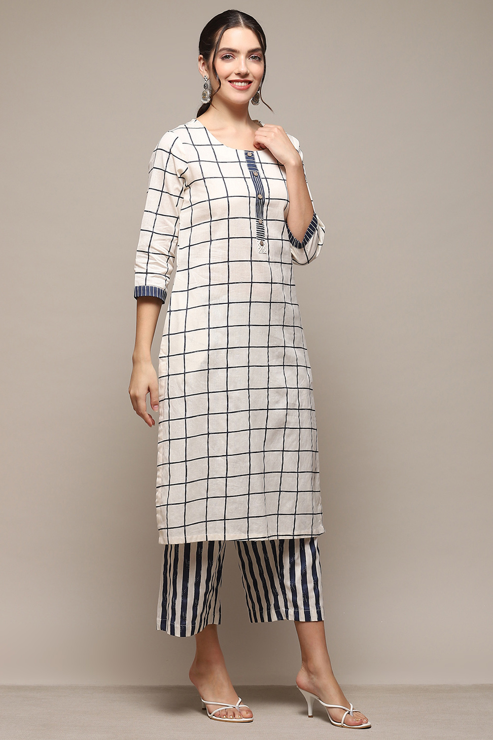 Natural & Blue Cotton Flax Straight Kurta Palazzo Suit Set image number 5
