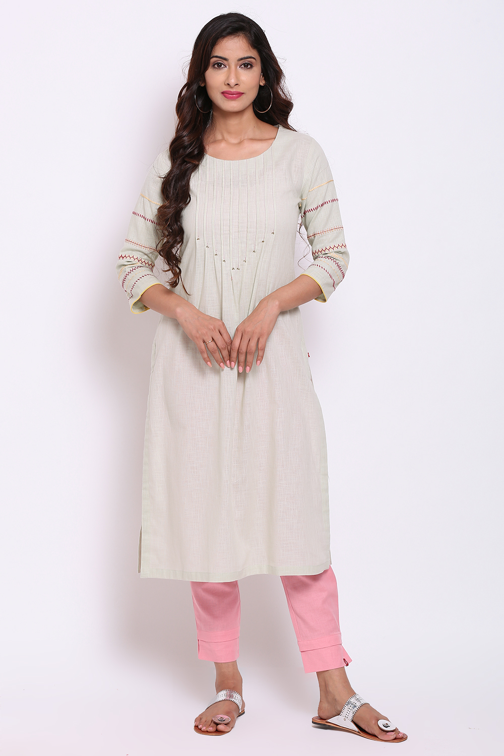 Mint Green Cotton Flax Kurta image number 0