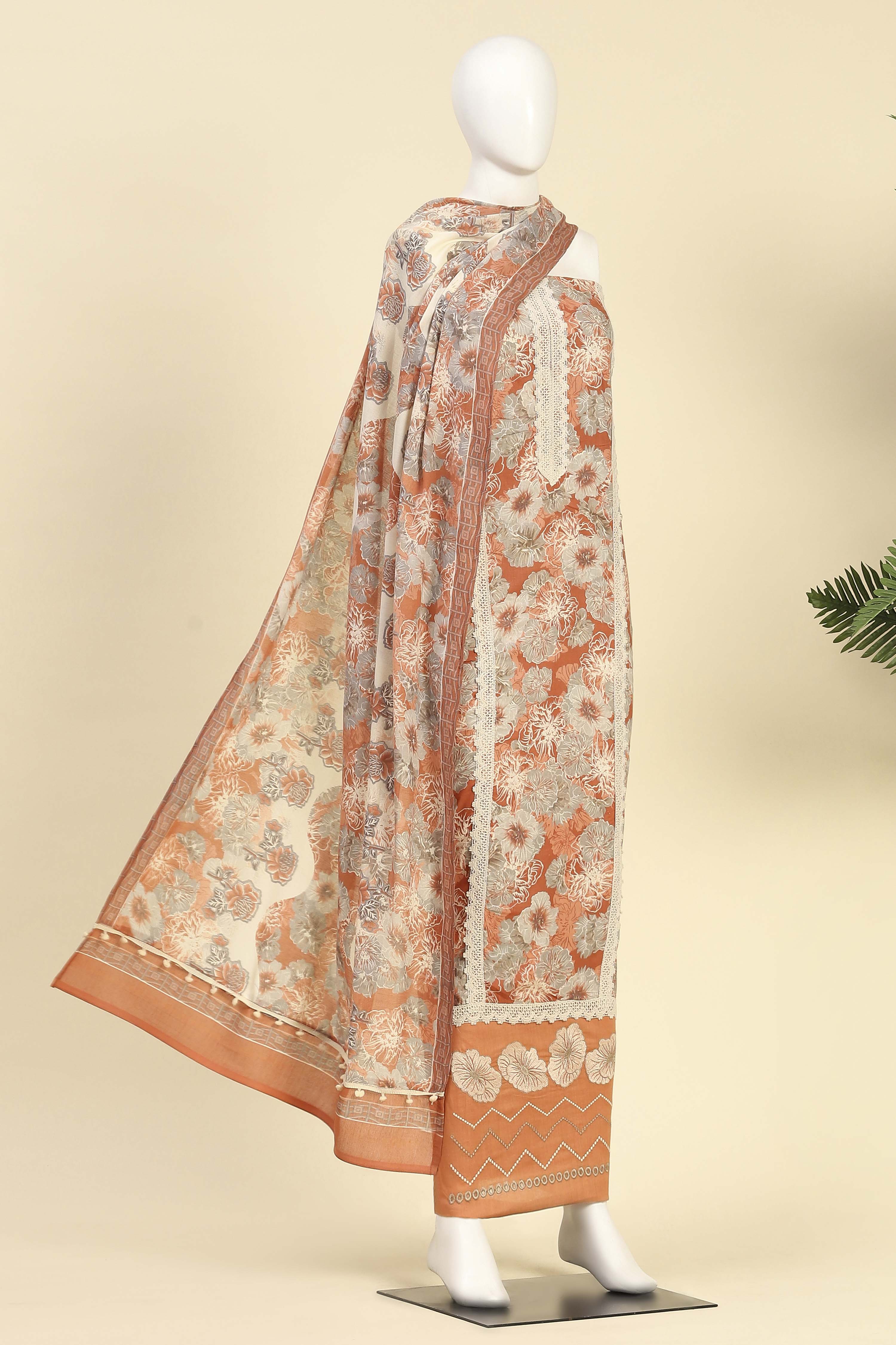 Peach Cotton Flower and Lace Work Unstitched Suit Set image number 4