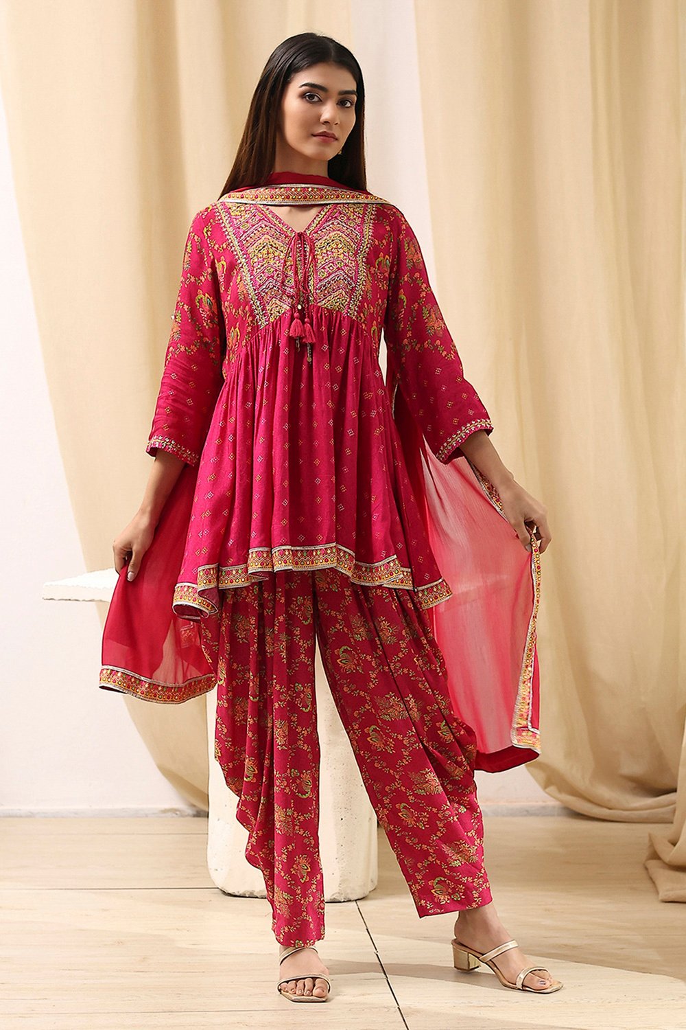 Fuchsia Viscose Floral Printed Peplum Suit Set image number 6