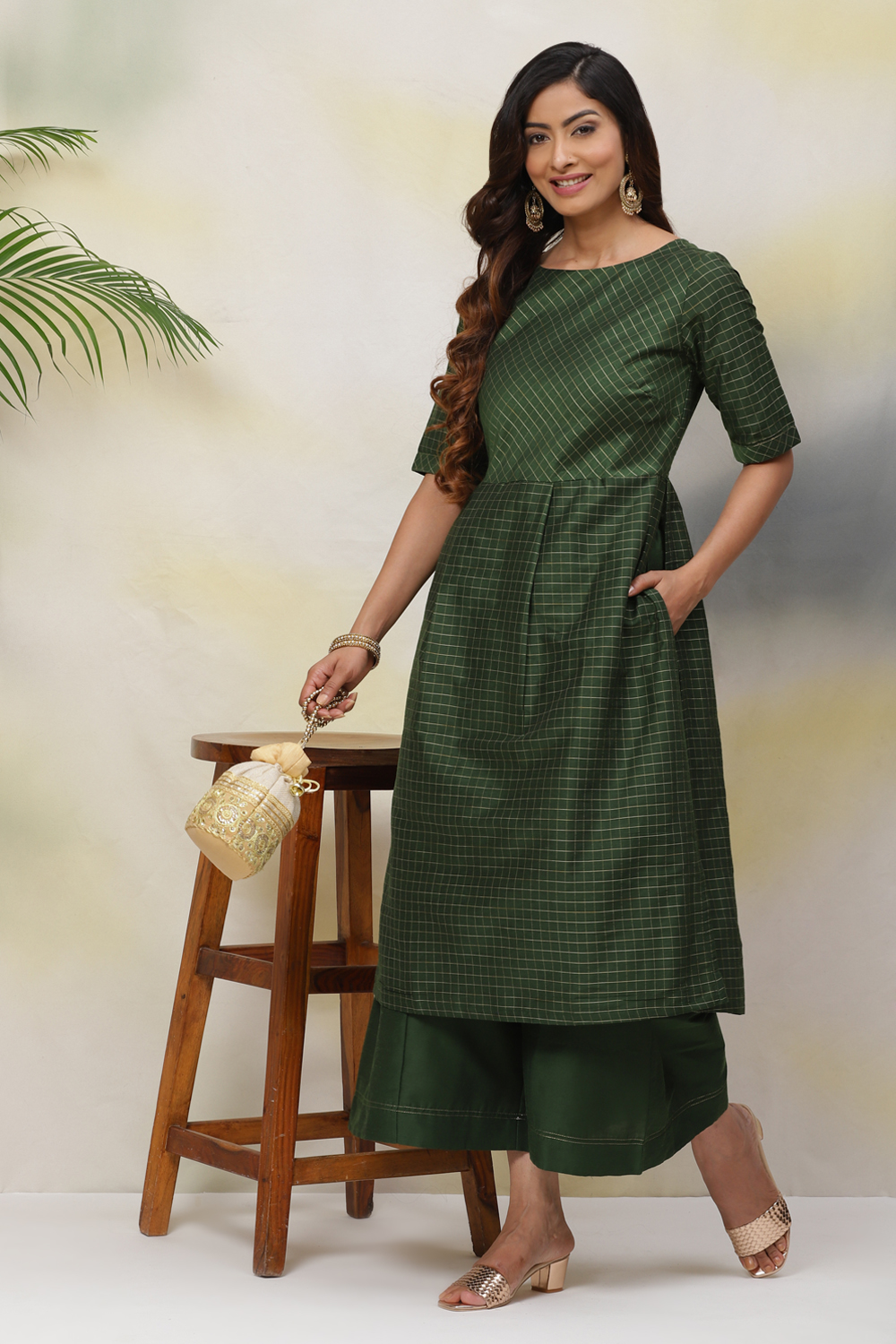 Green Flared Art Silk Fusion Wear 2 Piece Set