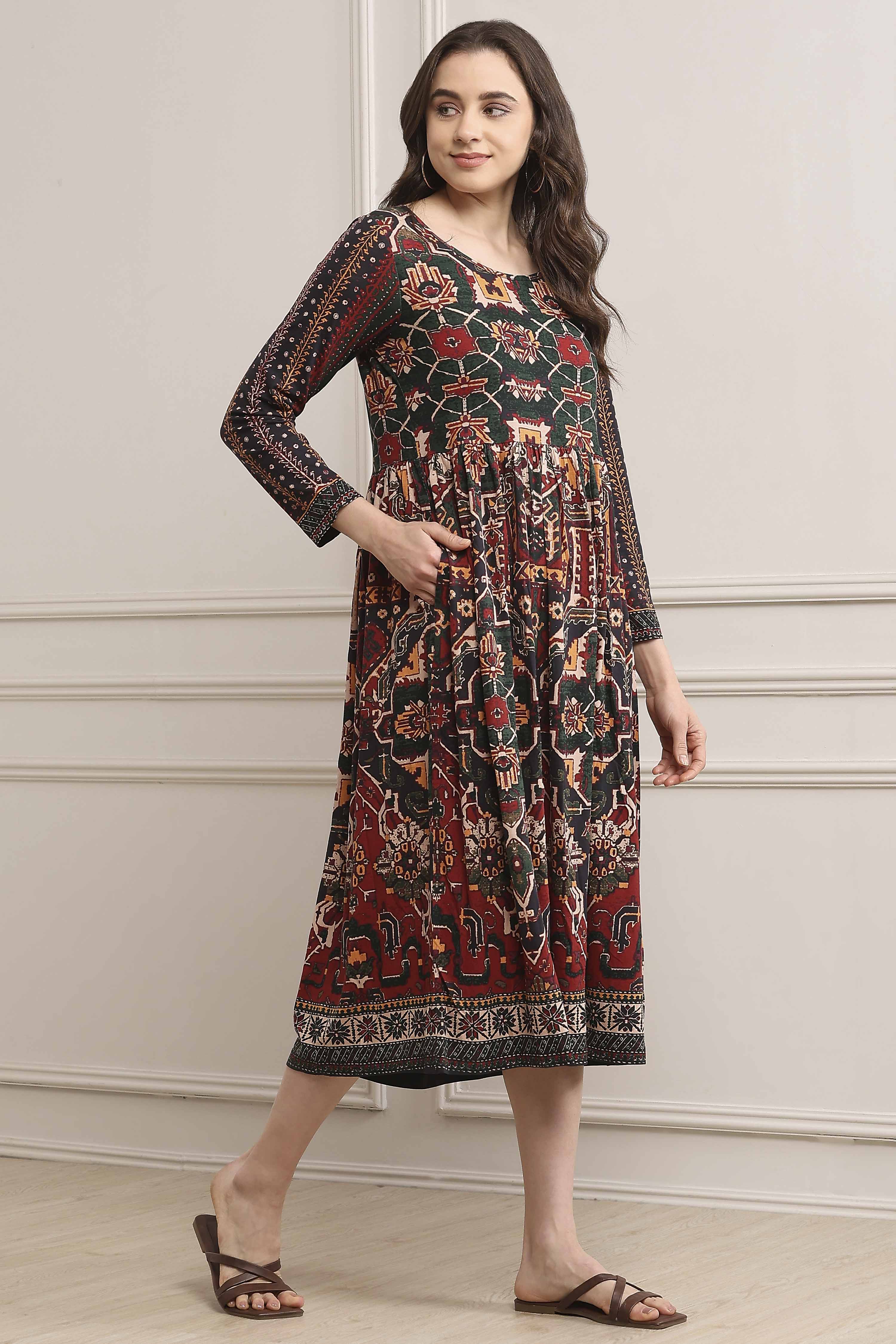 Rust Cotton Blend Flared Printed Dress image number 4