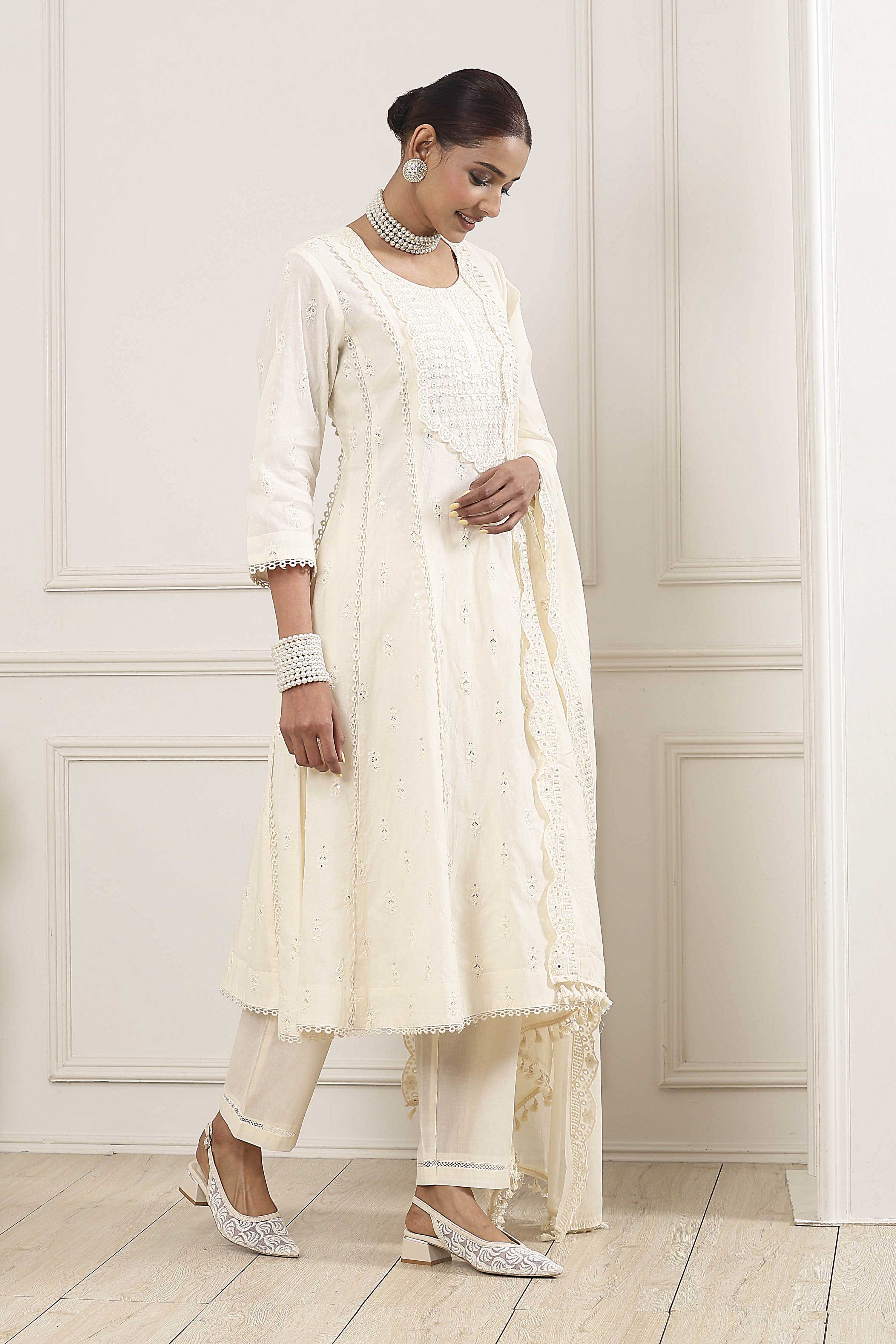Ecru Cotton Embroidered Kalidar Suit Set image number 5