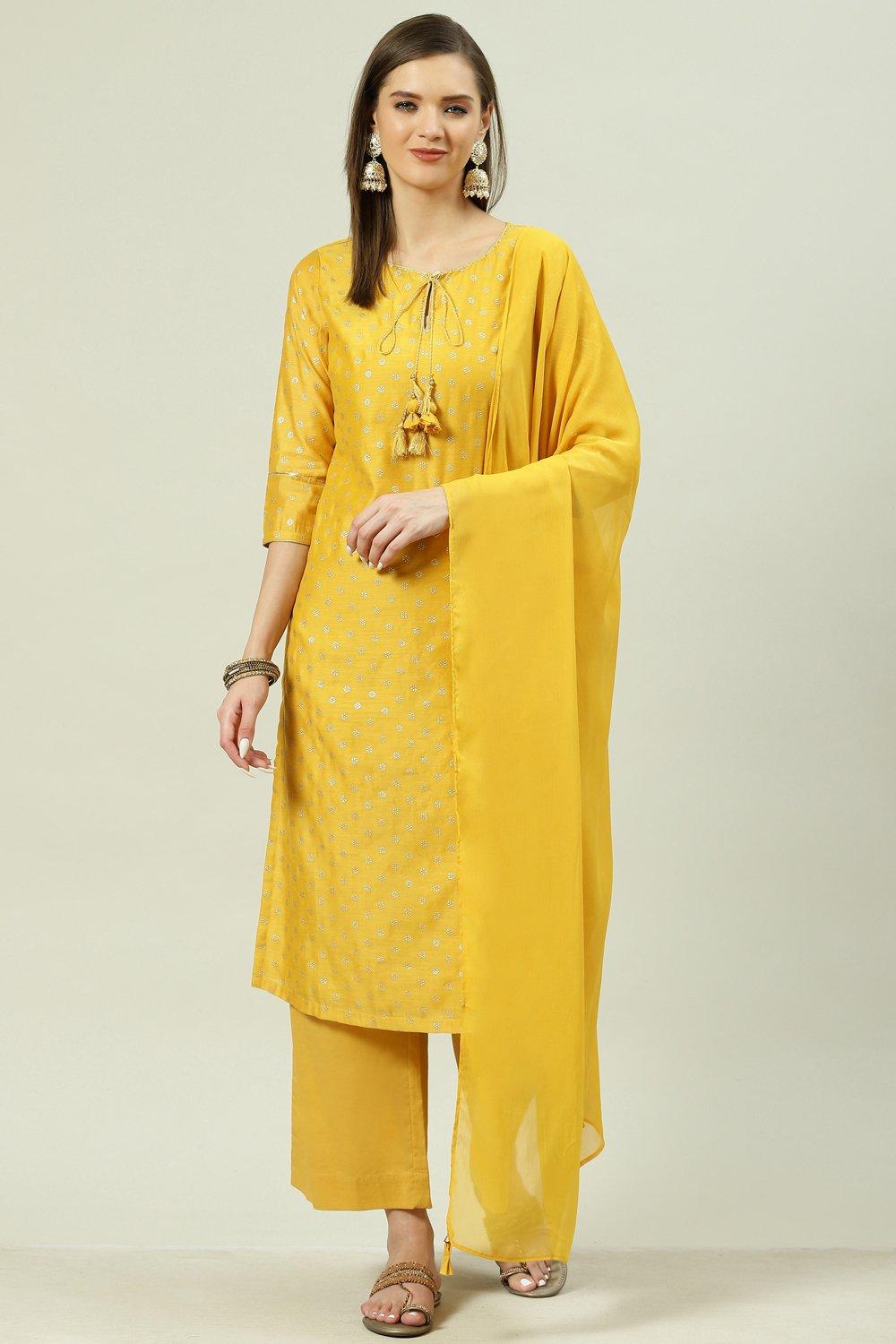 Yellow Printed Straight Kurta Palazzo Suit Set image number 7