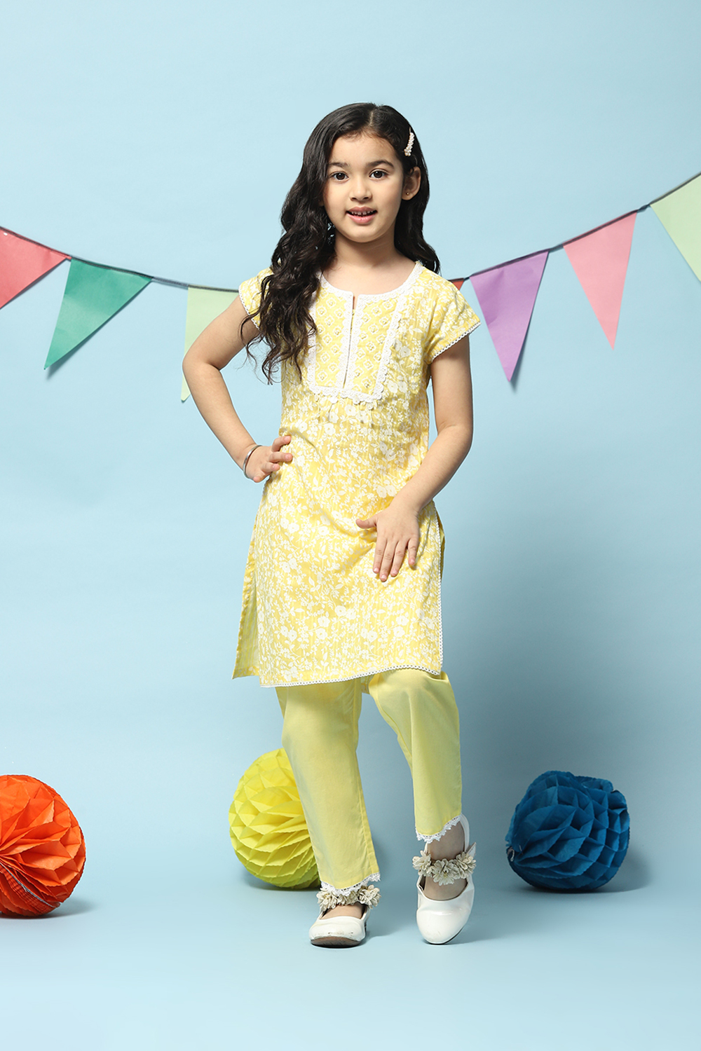 Lemon Yellow Cotton A-Line Kurta Regular Pants 2 Piece Set image number 6