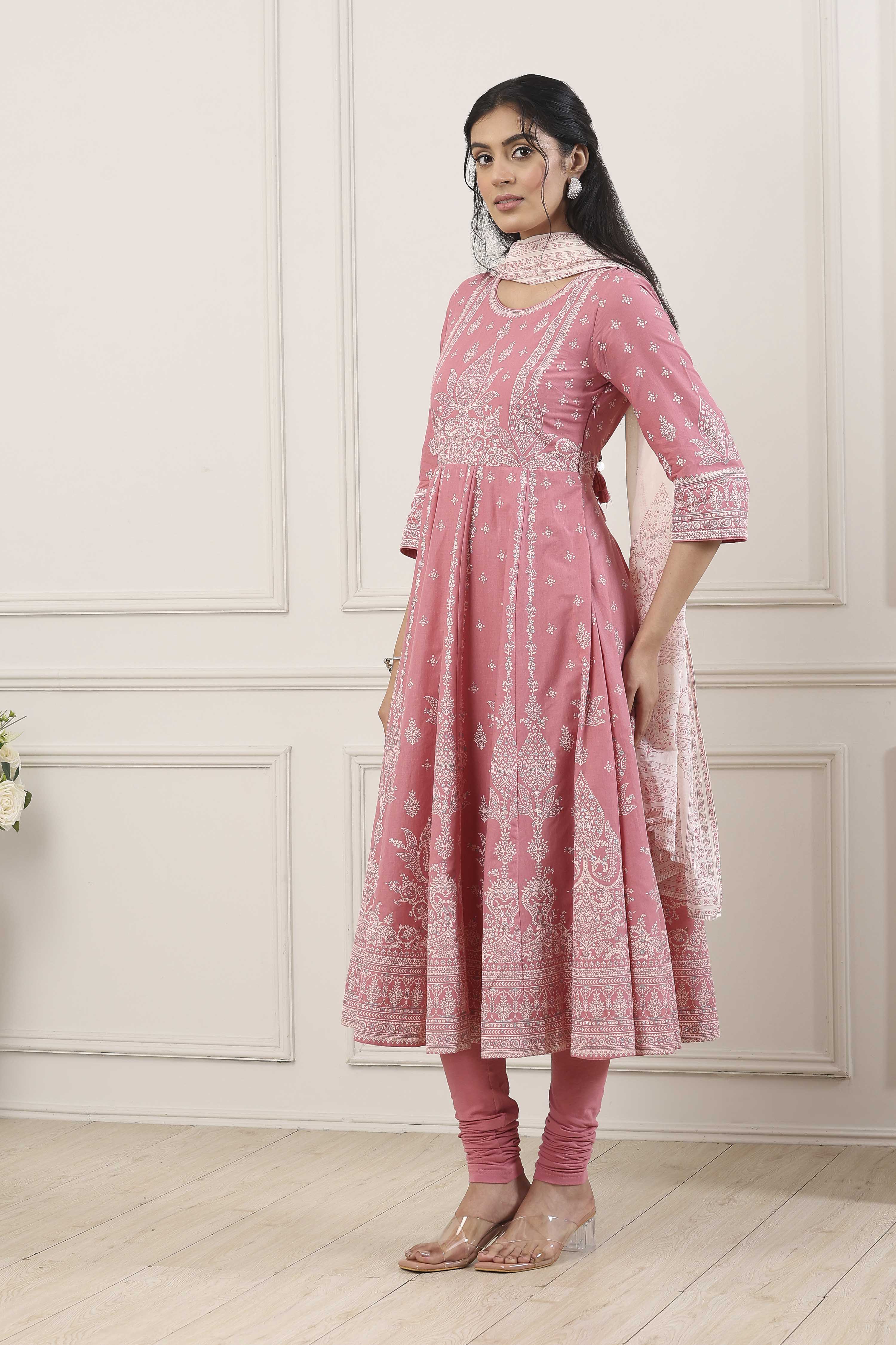 Pink Cotton Ethnic Motif Printed Anarkali Suit Set image number 3