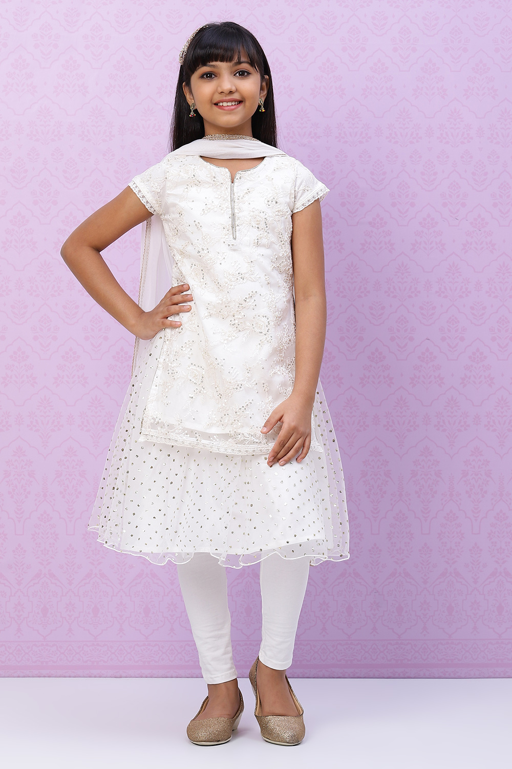 Ivory Nylon Girls Straight Kurta Churidar Suit Set image number 5