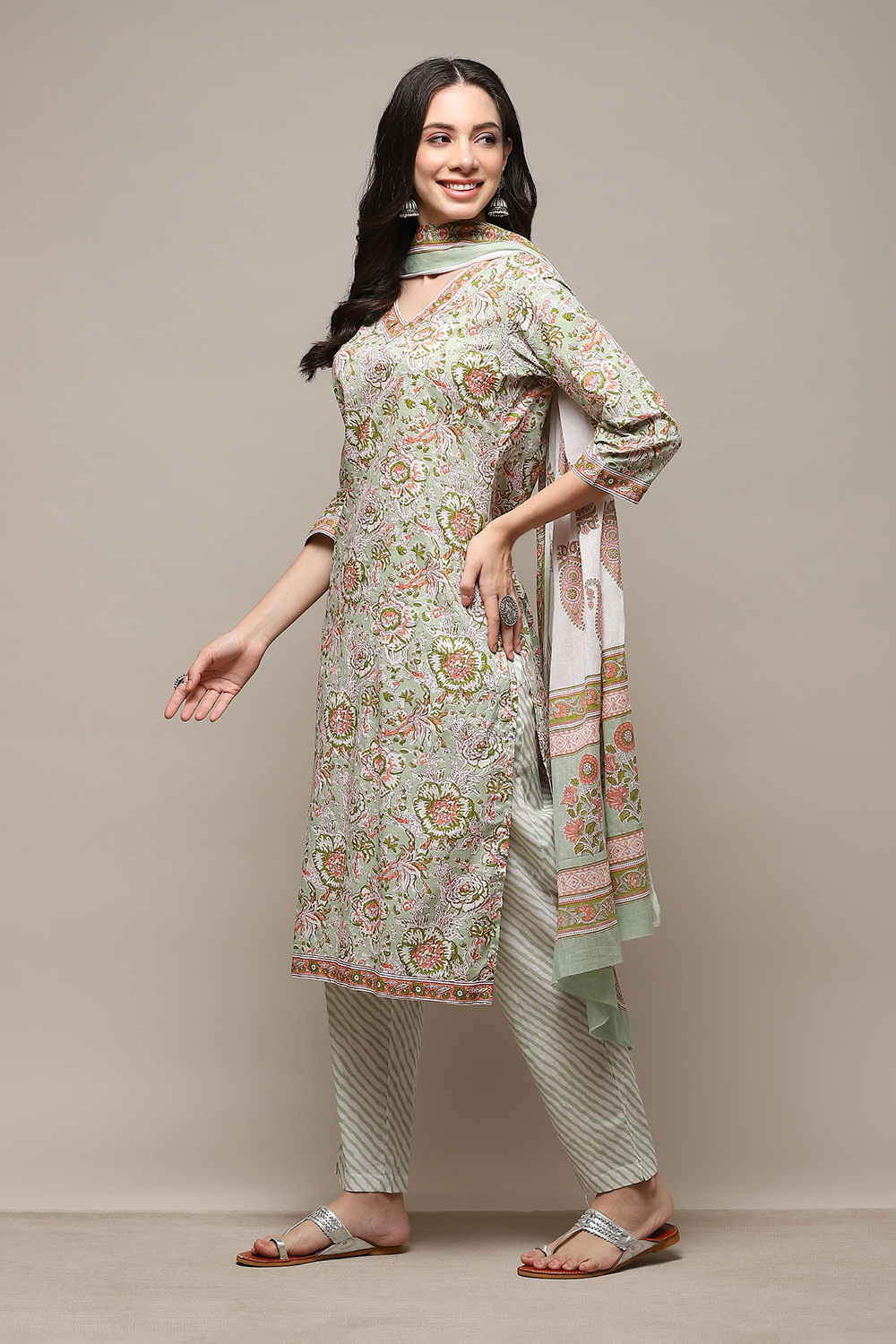 Dull Green Cotton Panelled Unstitched Suit Set image number 6