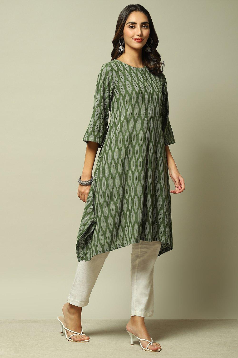 Dark Green Cotton IKAT Straight Yarndyed Kurta image number 3