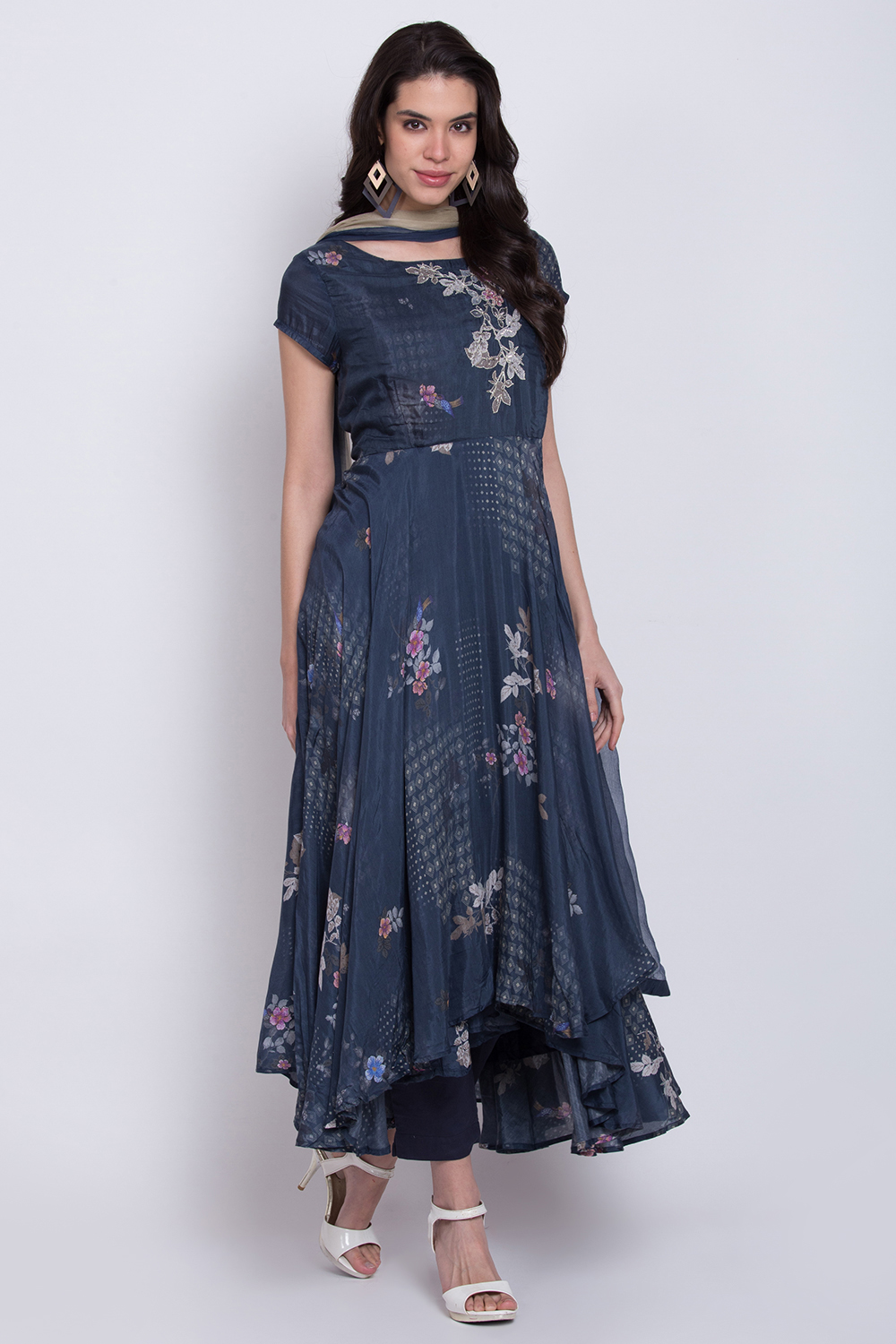 Navy Blue Cotton Silk Flared Kurta Slim Pant Suit Set image number 3