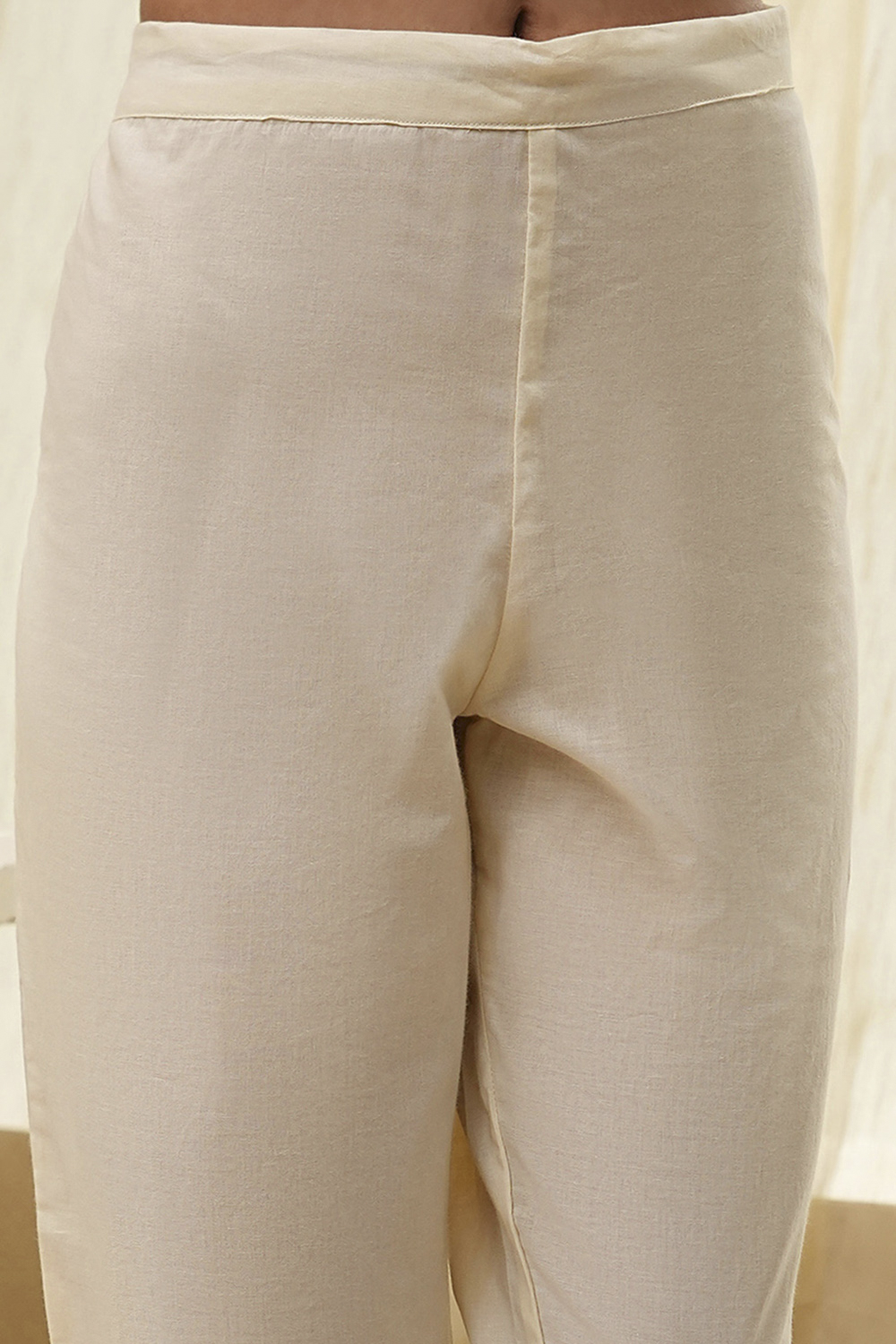 Cream-Colored Cotton Solid Regular Pants image number 1