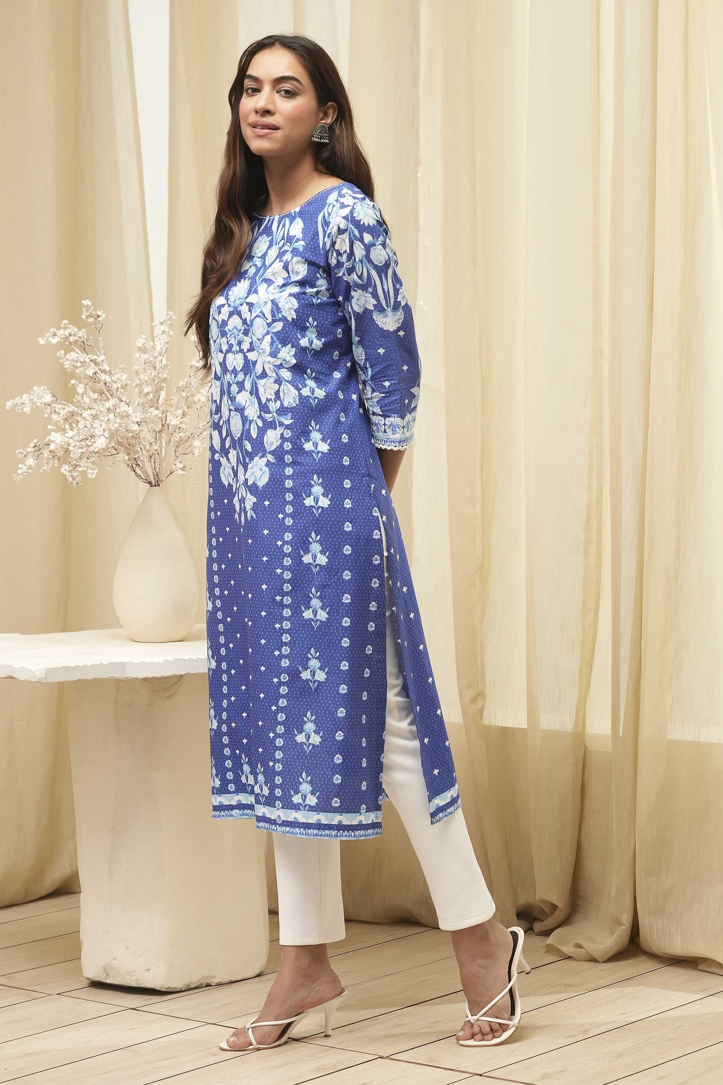 Blue Cotton Printed Straight Kurta image number 3