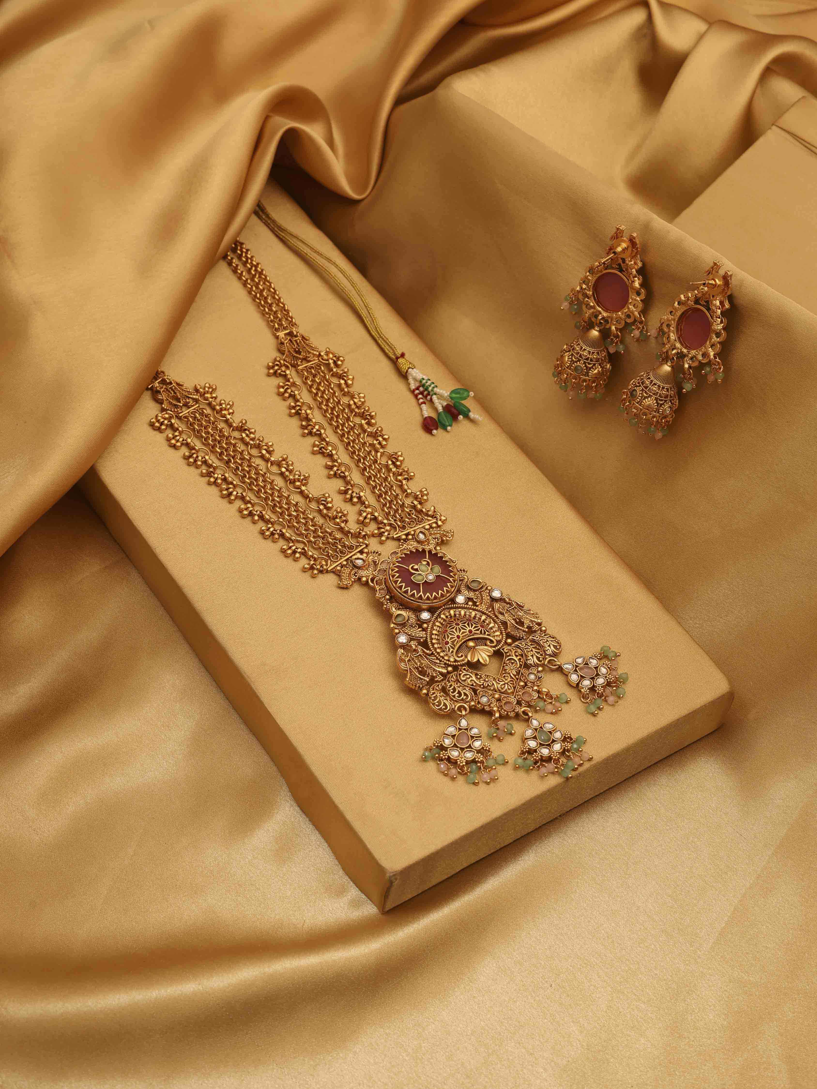Gold Plated Brass Long Pendant Necklace Set image number 2