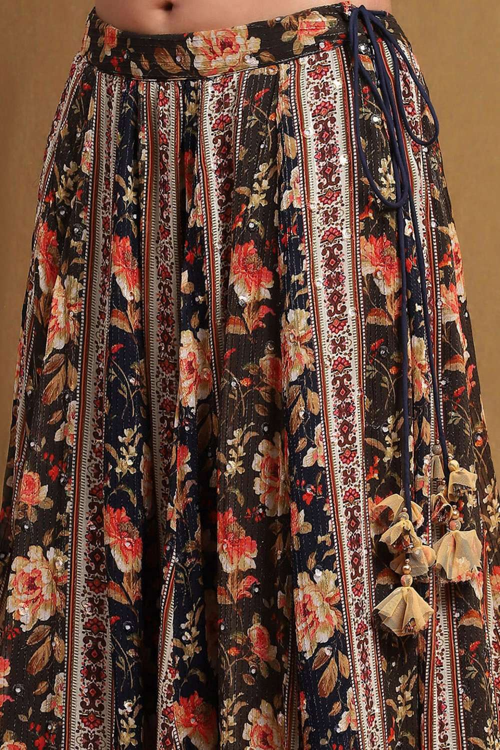 Mustard Yellow and Navy Blue Embroidered Lehenga Set image number 2