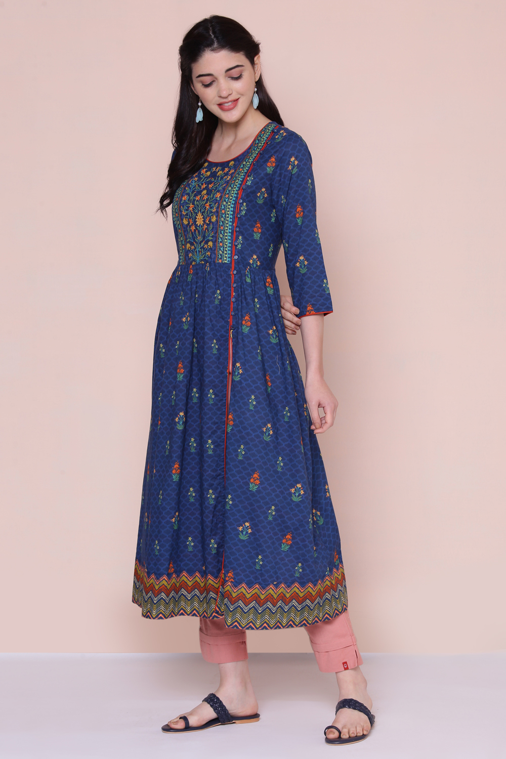 Navy Cotton Printed Kurta image number 2