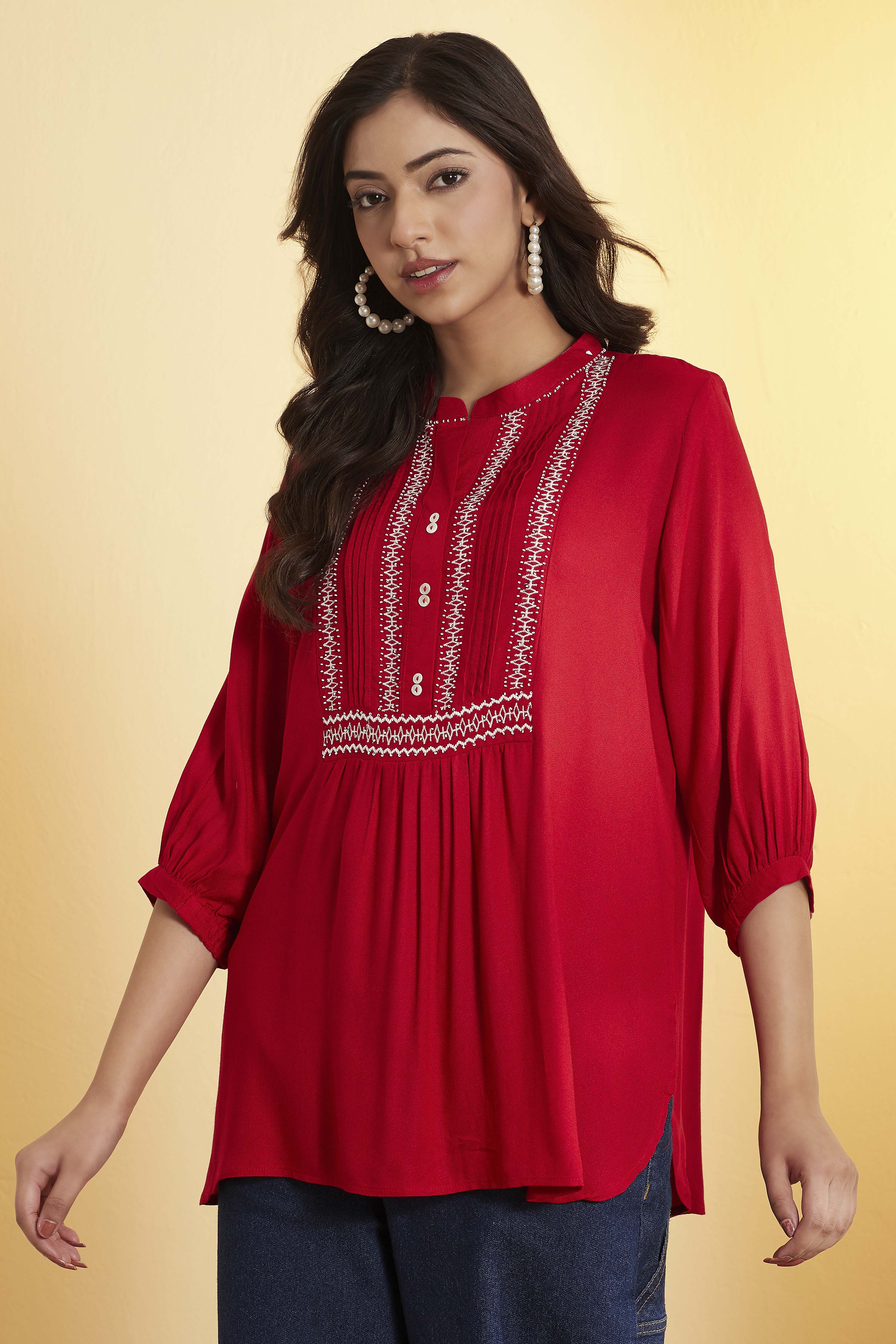 Red Viscose Rayon Embroidered Straight Kurti image number 2