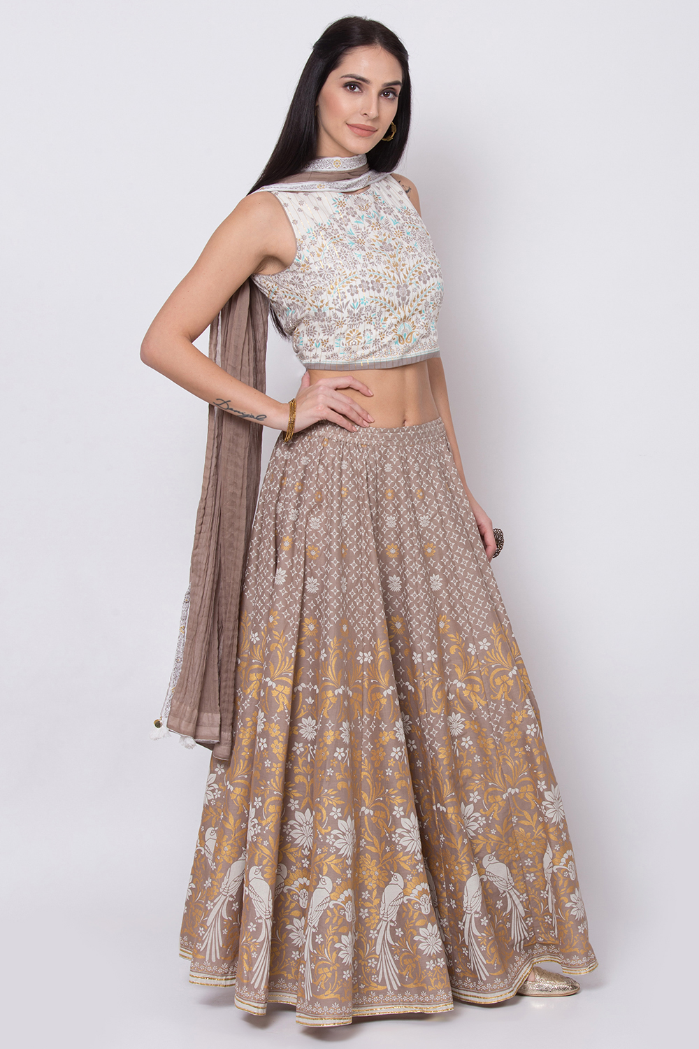 Off White And Brown Lehenga Set image number 4