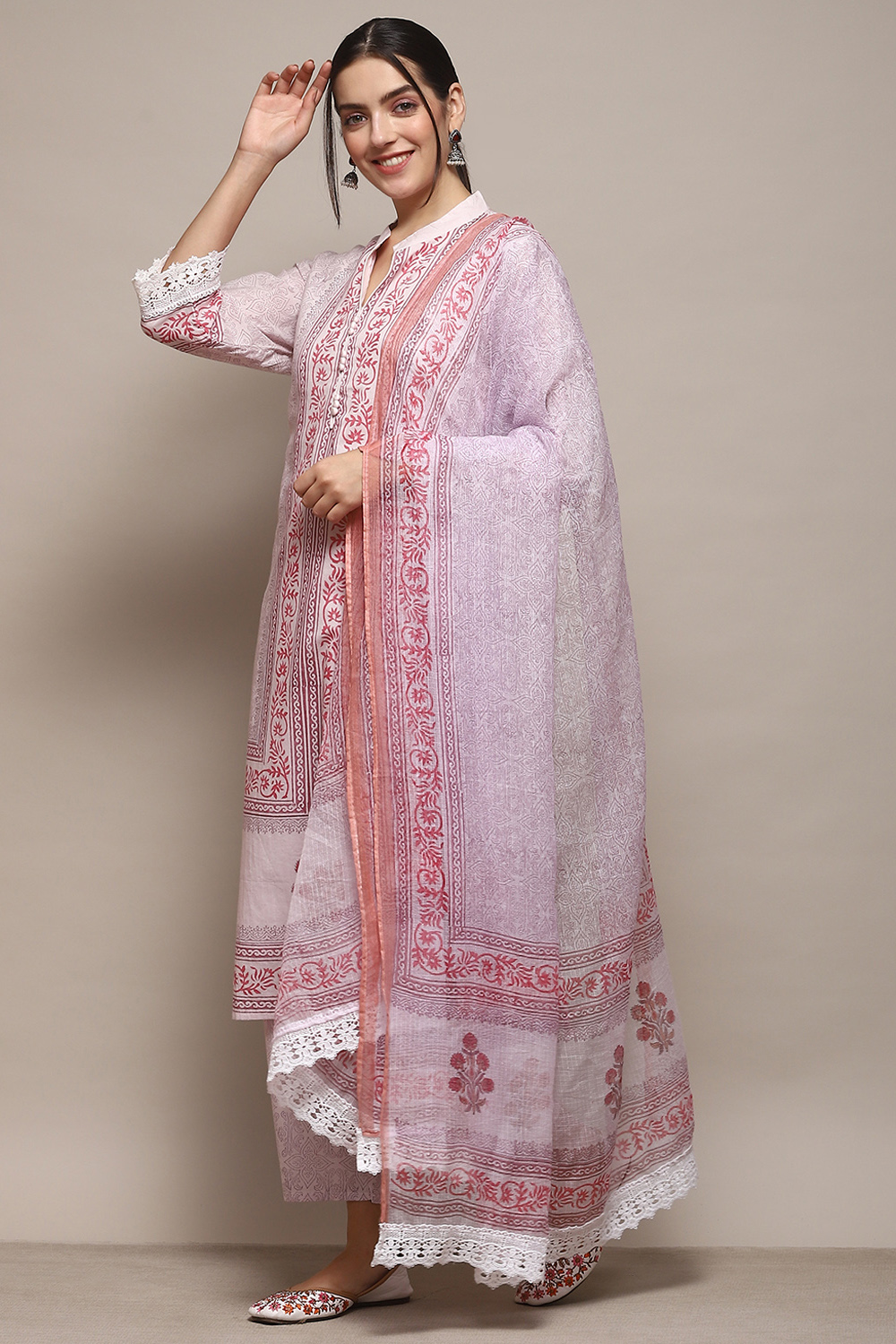 Pink Cotton Machine Embroidered Unstitched Suit Set image number 5